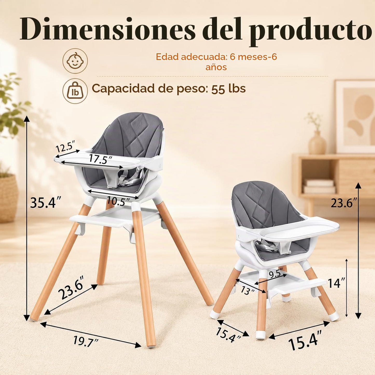 DDIOYIUR Silla alta convertible 6 en 1 para bebé, patas de madera d...