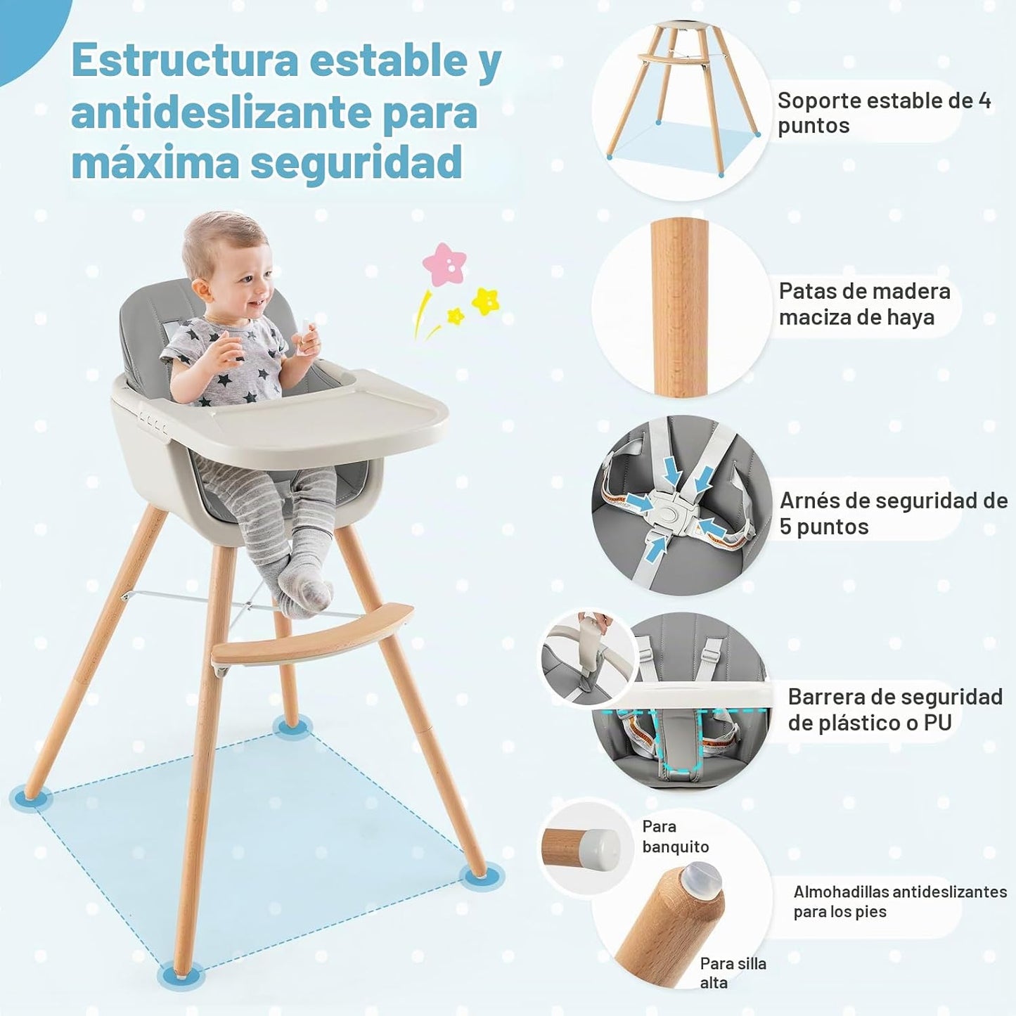 HONEY JOY Silla alta para bebé, silla alta de madera 6 en 1 con ban...