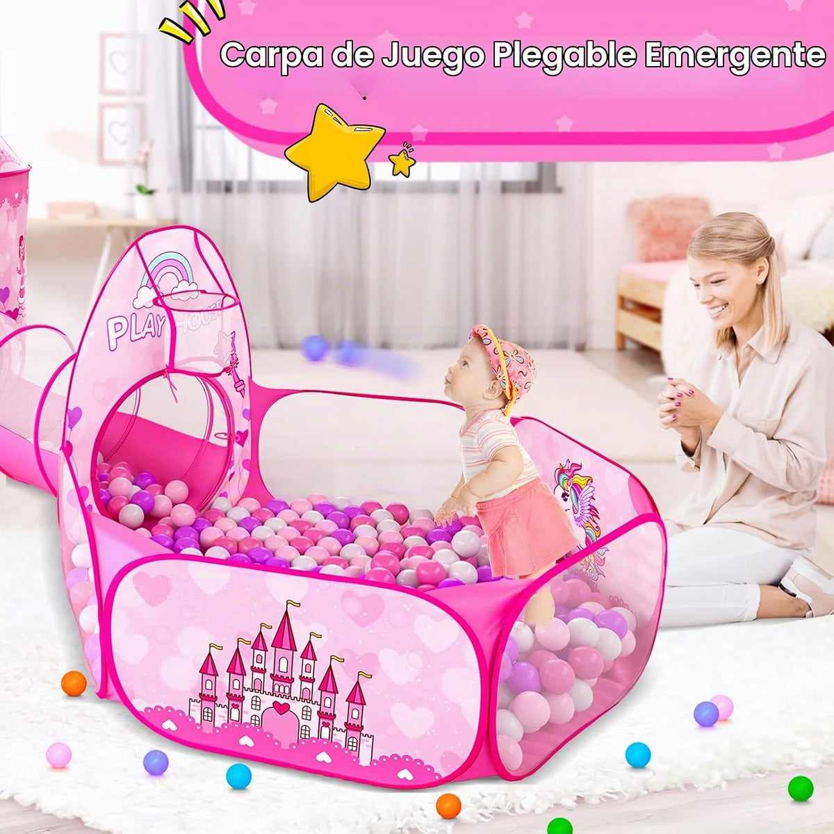 Tienda de campaña de 3 piezas para niñas con hoyo de bolas, túnel d...