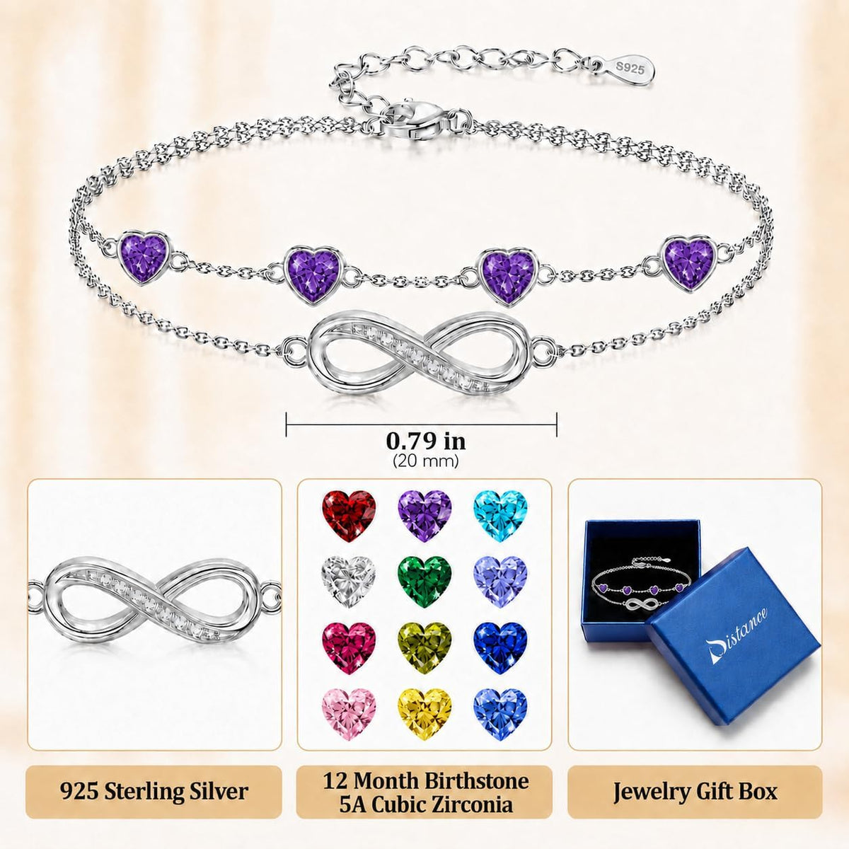 Distance Pulsera de plata 925 con corazón infinito y piedra natal p...