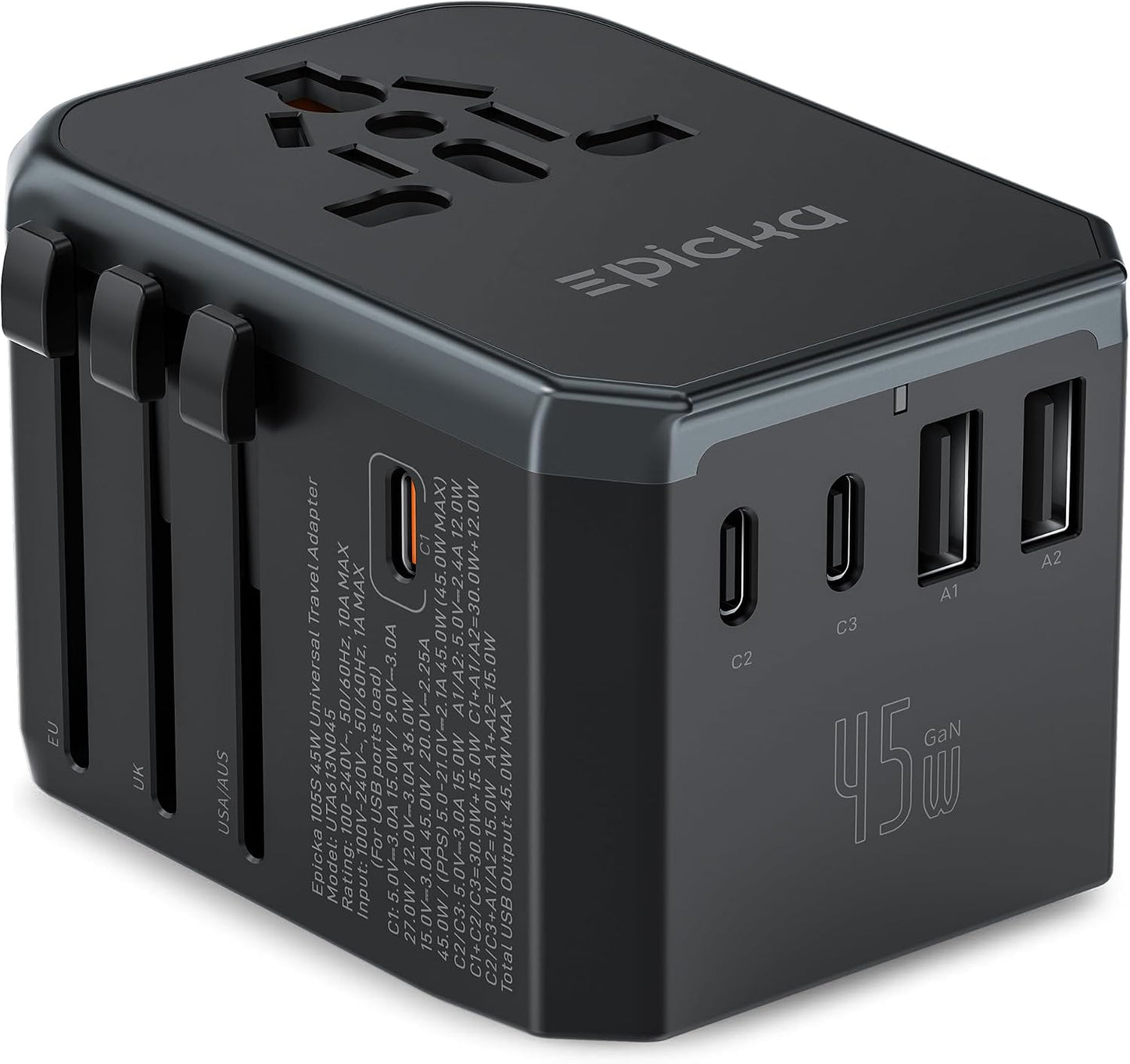 EPICKA 45W Adaptador de viaje universal PD&amp;QC, 1AC\/3USB-C\/2US...