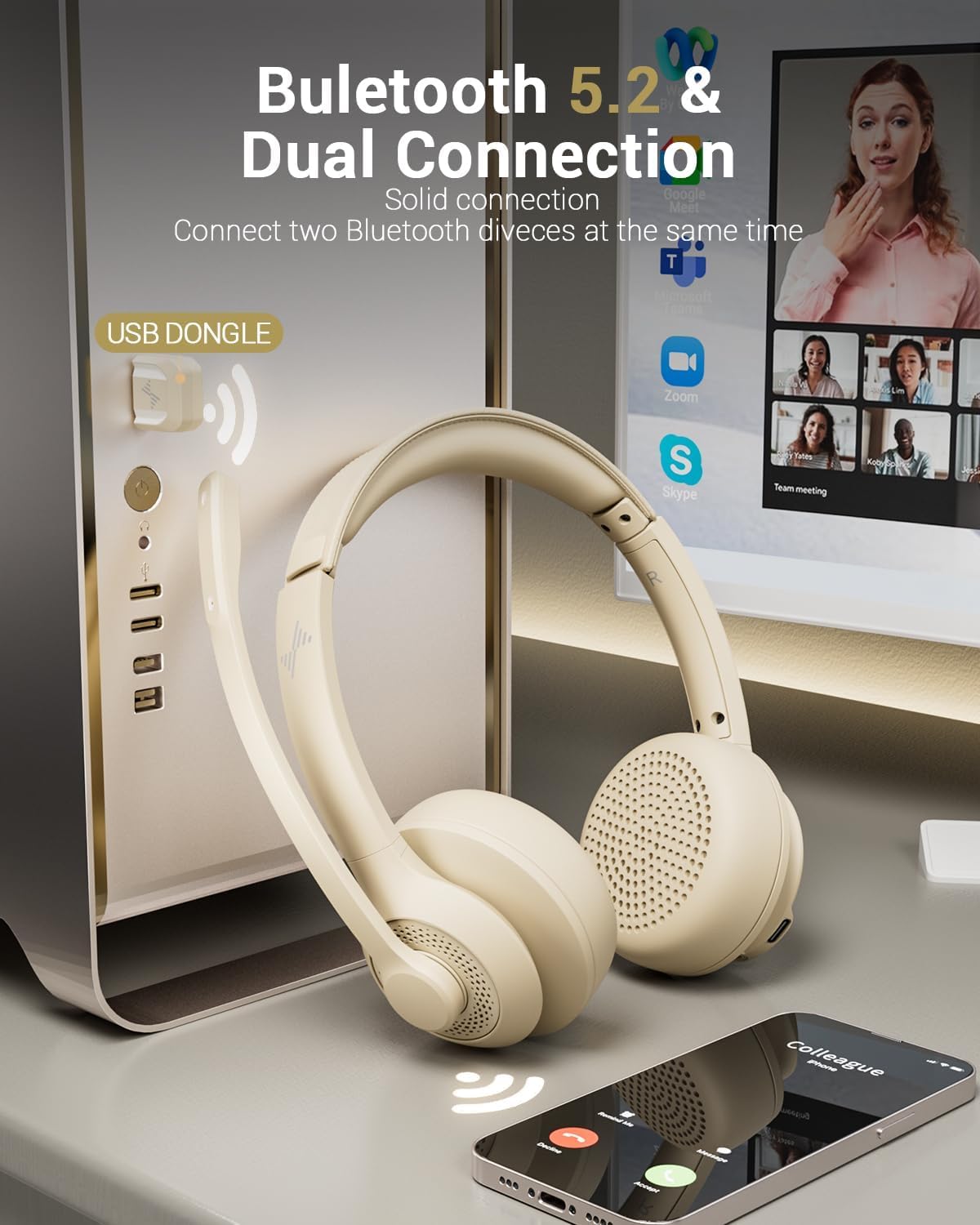 JIAMQISHI Auriculares de oficina Bluetooth V5.2 en color albaricoqu...