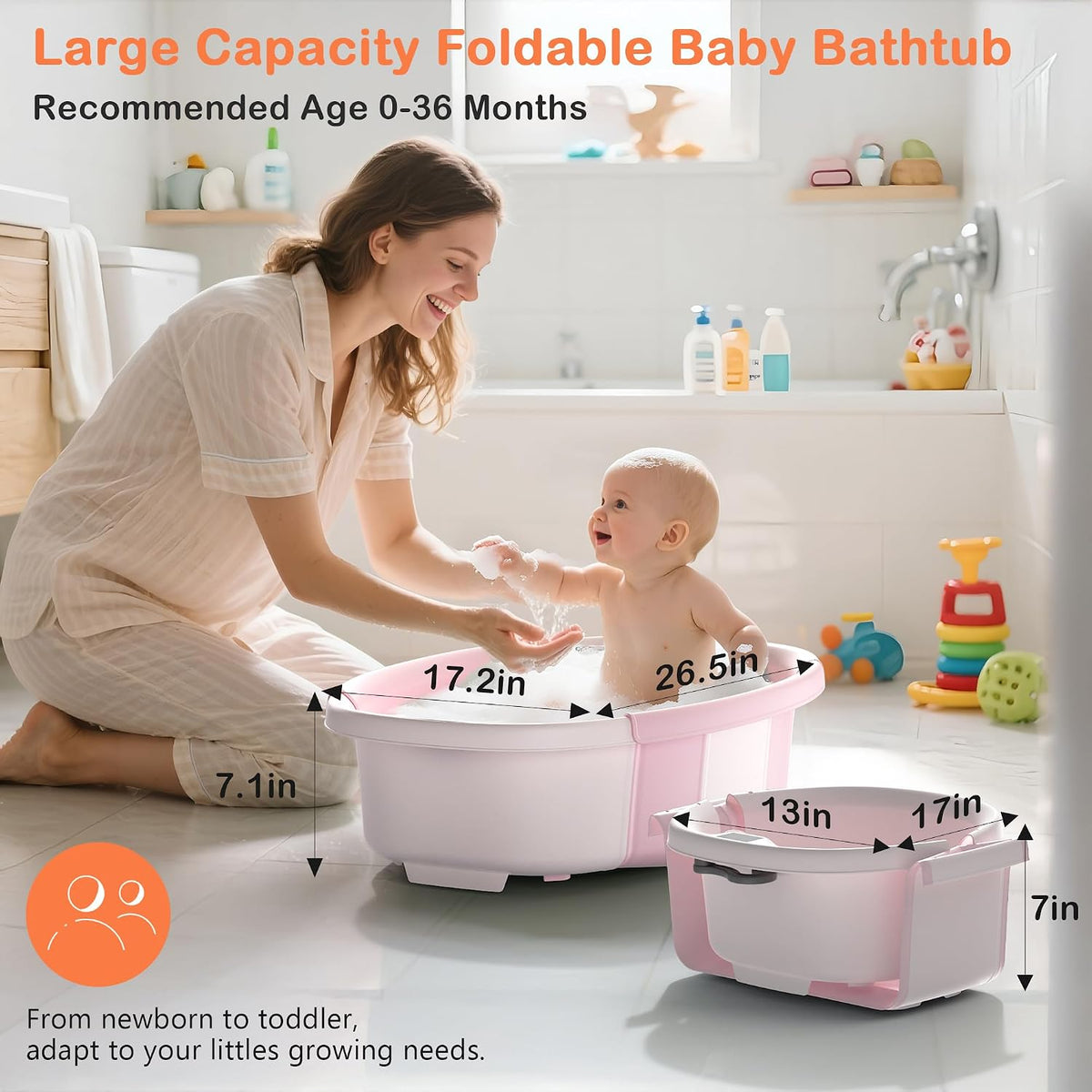 Bañera plegable para bebé - Bañera grande para bebé con termómetro...