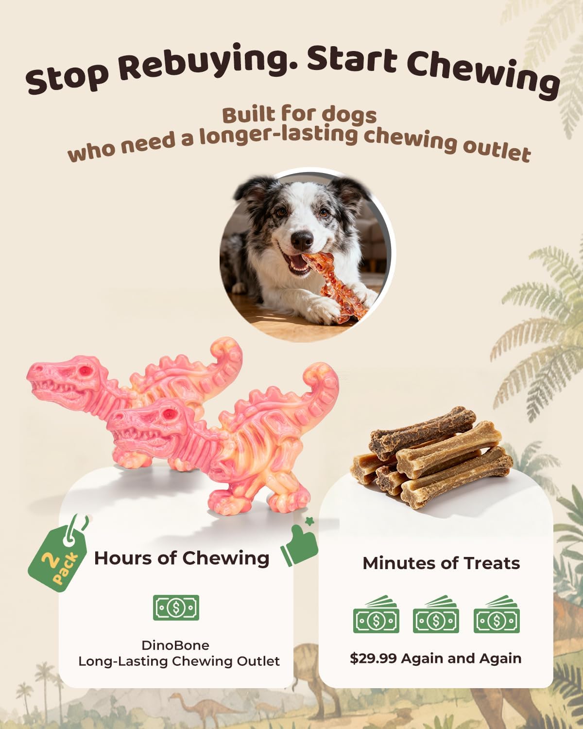 DinoBone Paquete de 2 juguetes masticables para perros resistentes...