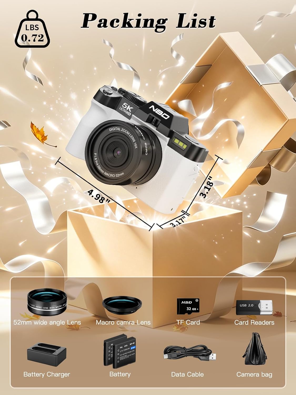 Cámara digital True 5K 64MP para fotografía (blanco perla) | Enfoqu...