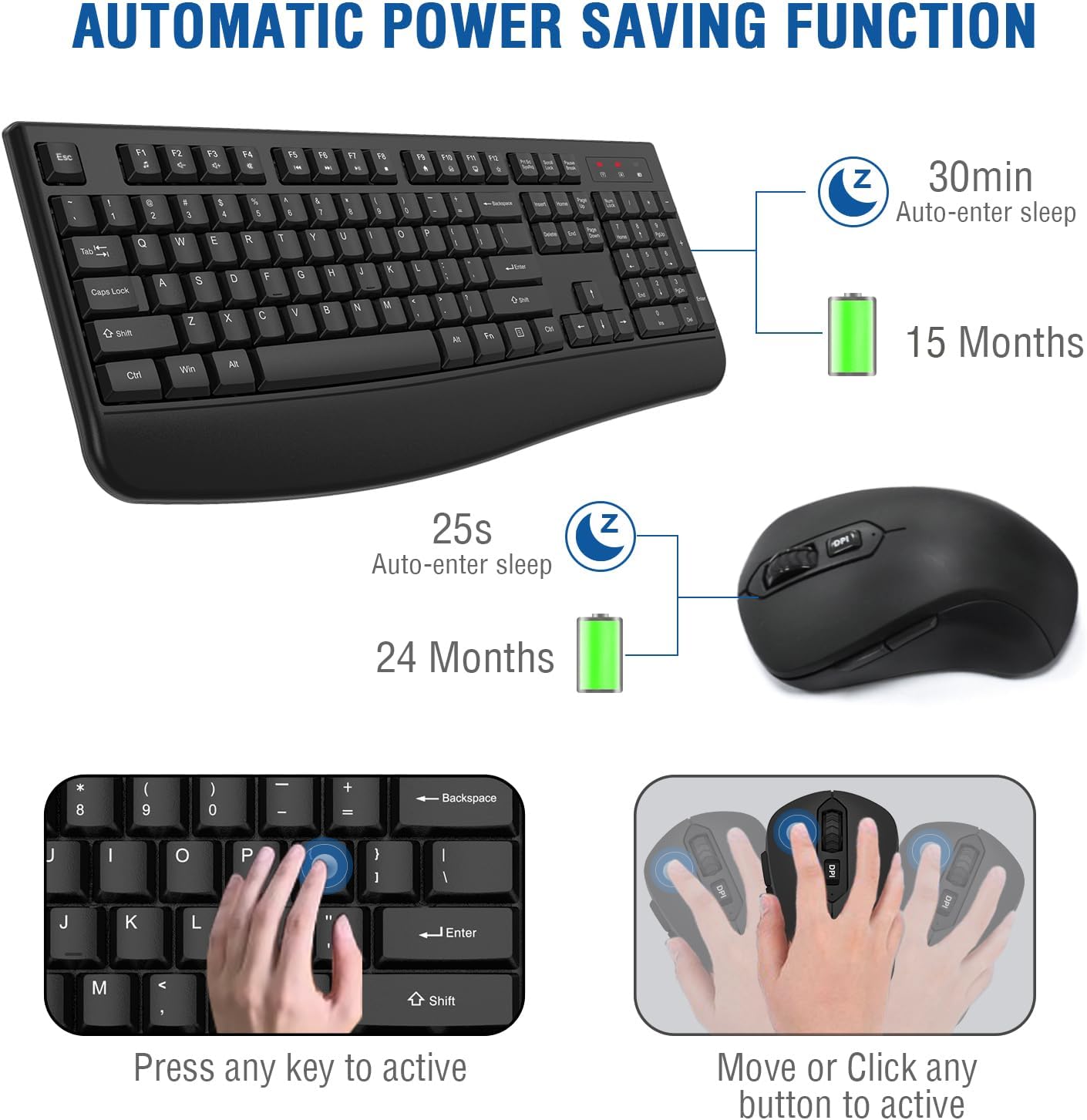 Combo de teclado y mouse inalámbricos, EDJO 2.4G, teclado ergonómic...