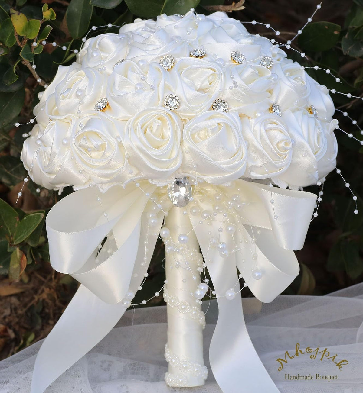 Mhojpik Ramo de Novia para Boda Redondo con Broche Brillante, Ramo...