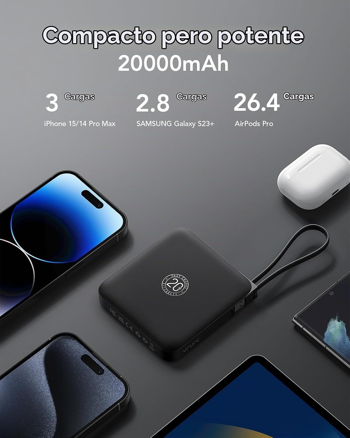 VRURC Cargador portátil de 20000 mAh de carga rápida de 20 W con 4...