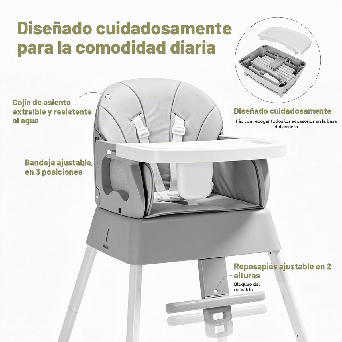 Silla alta plegable 5 en 1, silla alta convertible para bebés y niñ...