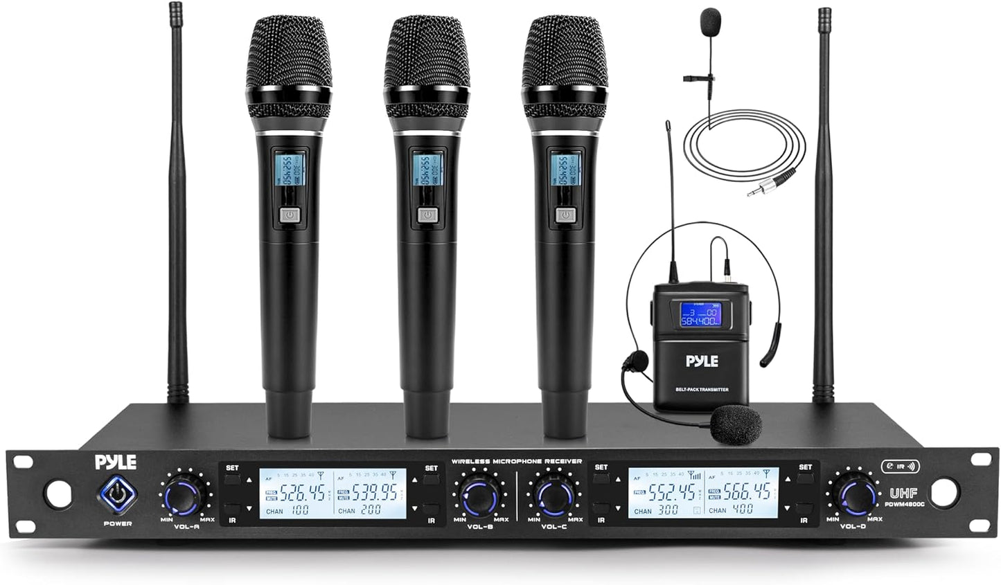 Pyle Sistema de micrófono inalámbrico UHF de 4 canales con 3 micróf...
