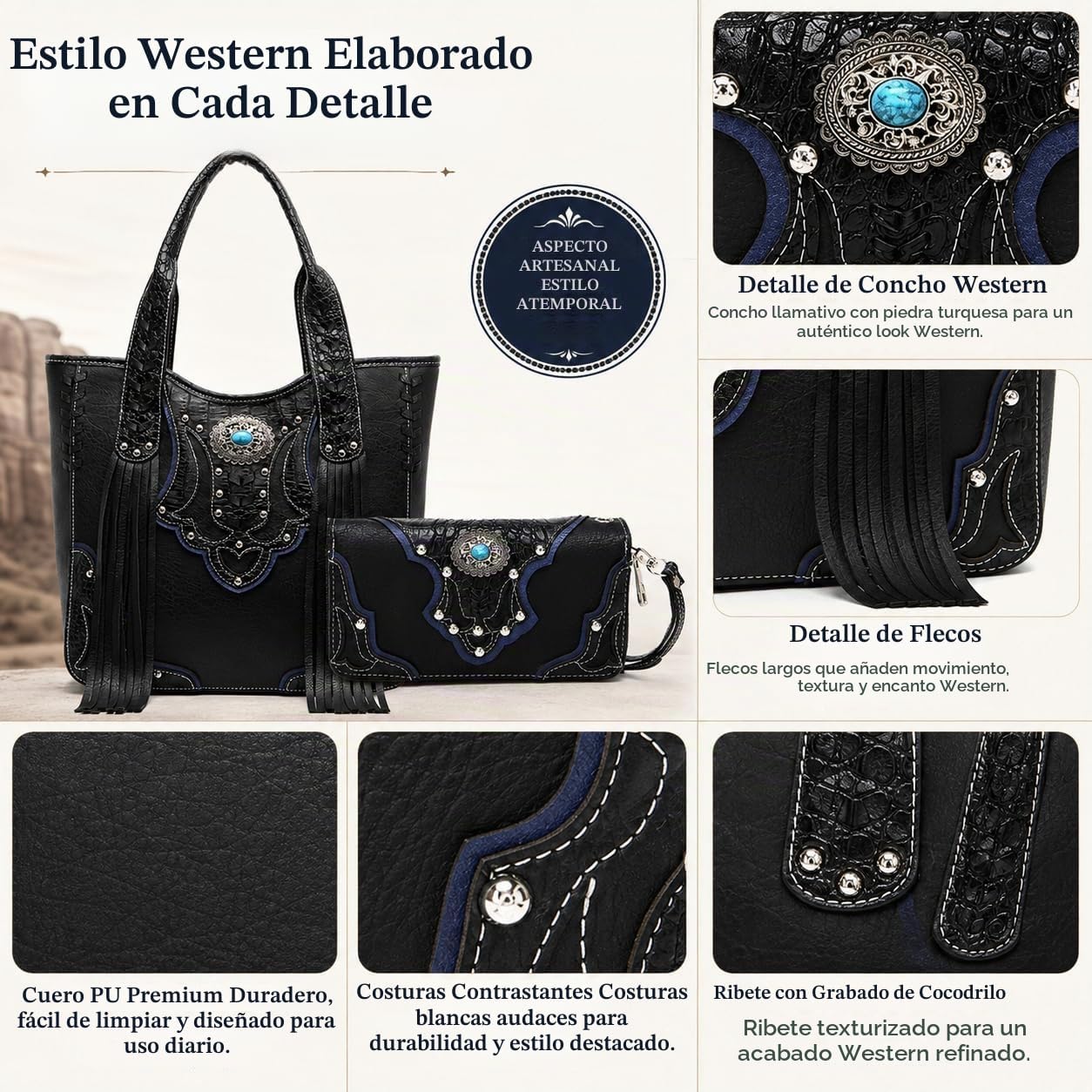 Estilo occidental vaquera tejida con flecos de cocodrilo magnífico...