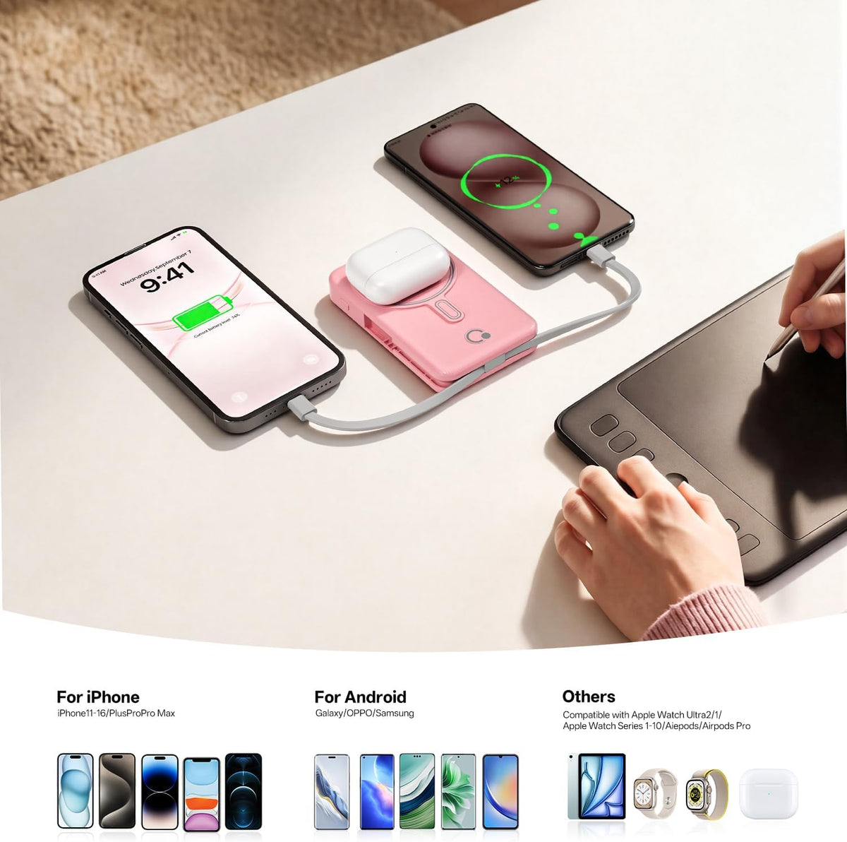 Q Cargador portátil inalámbrico magnético de 10,000 mAh, batería ex...