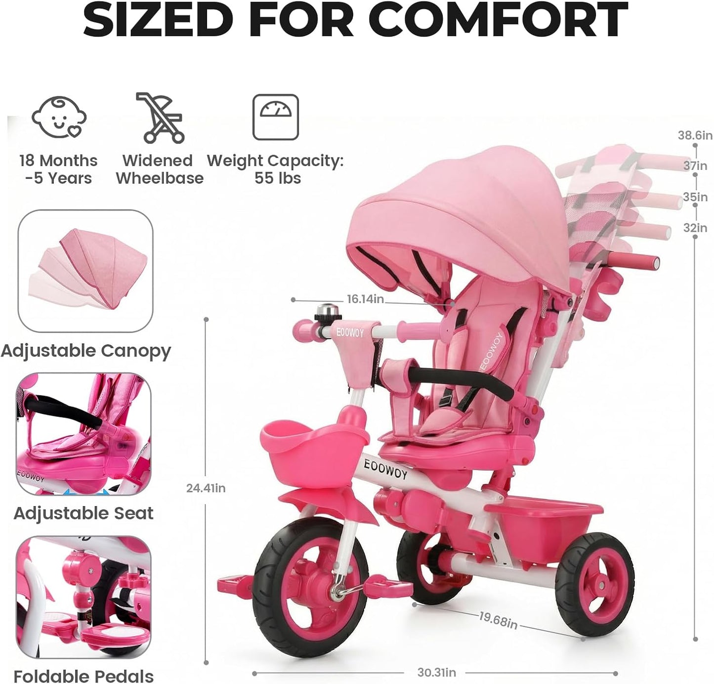 EOOWOY Triciclo para niños pequeños con mango de empuje, triciclo c...