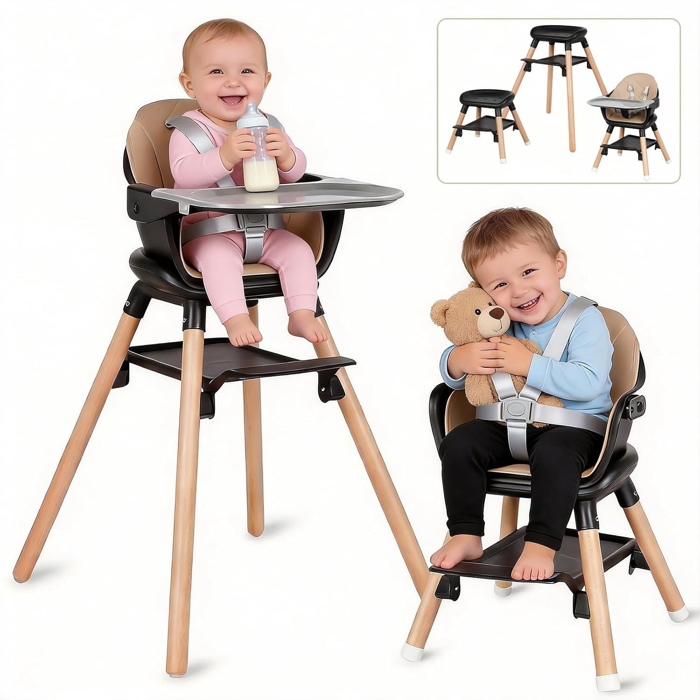 Silla alta para bebé 6 en 1, sillas altas convertibles de madera, c...