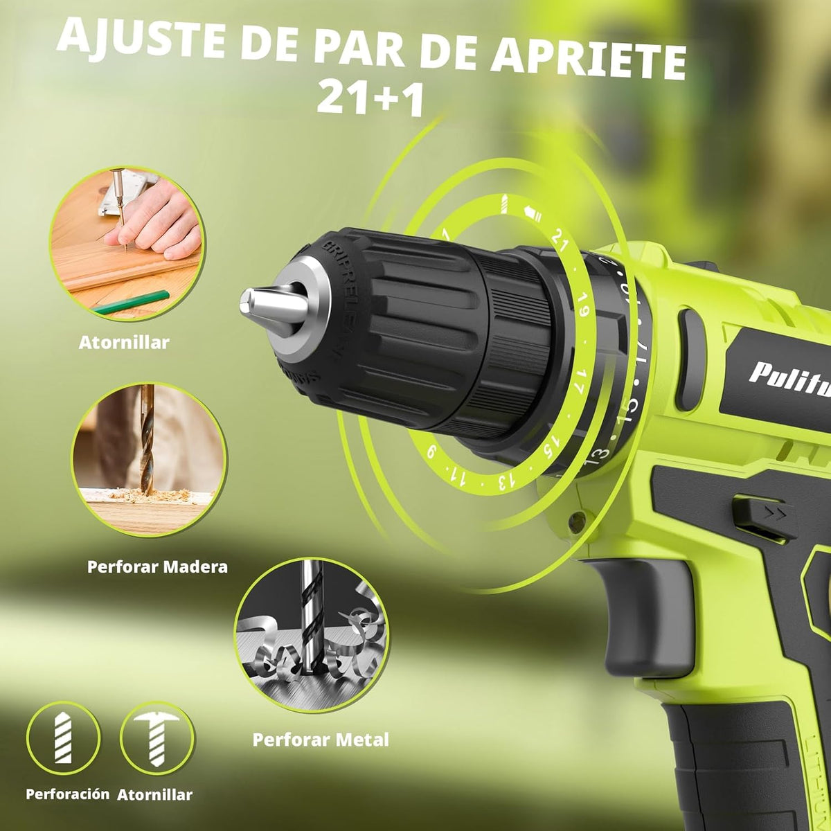 PULITUO 'S - Taladro inalámbrico de 20 V, destornillador eléctr...