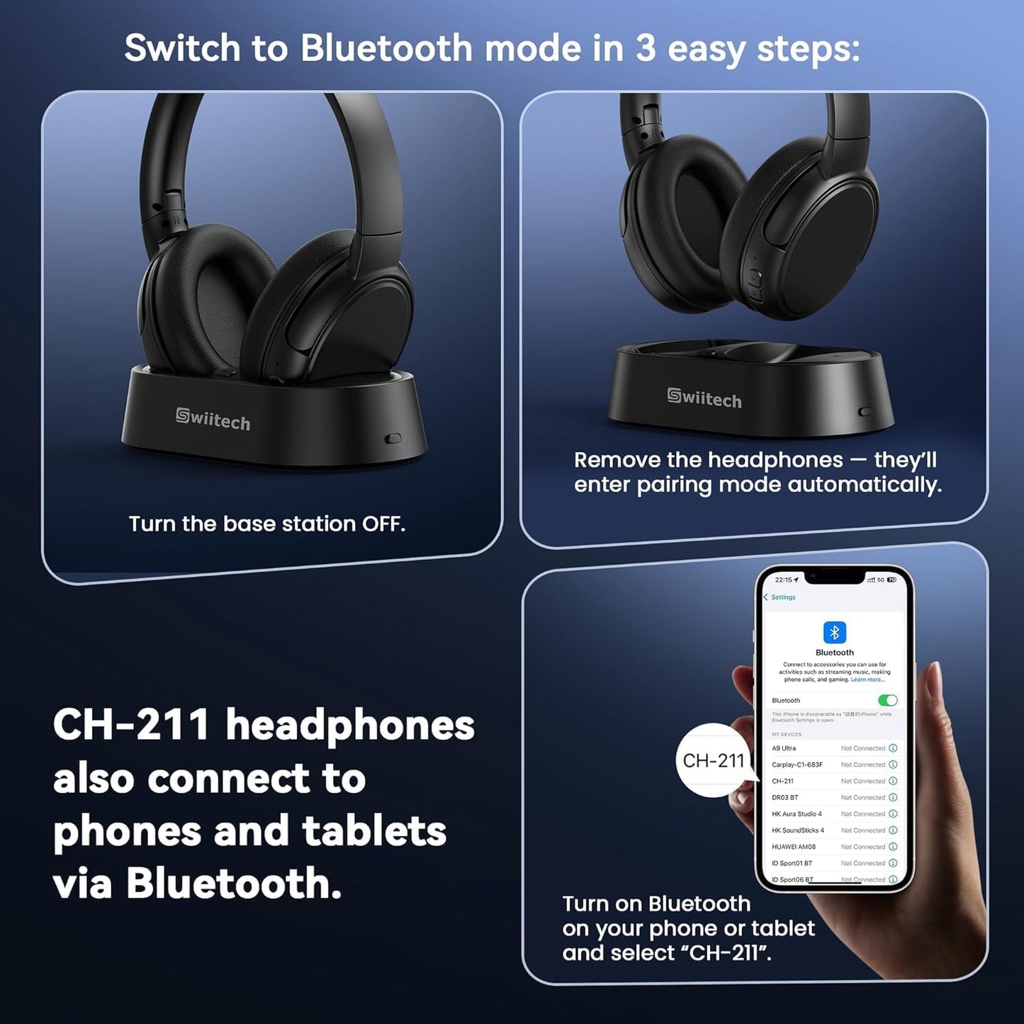 Swiitech Auriculares inalámbricos para TV con base de carga, tiempo...