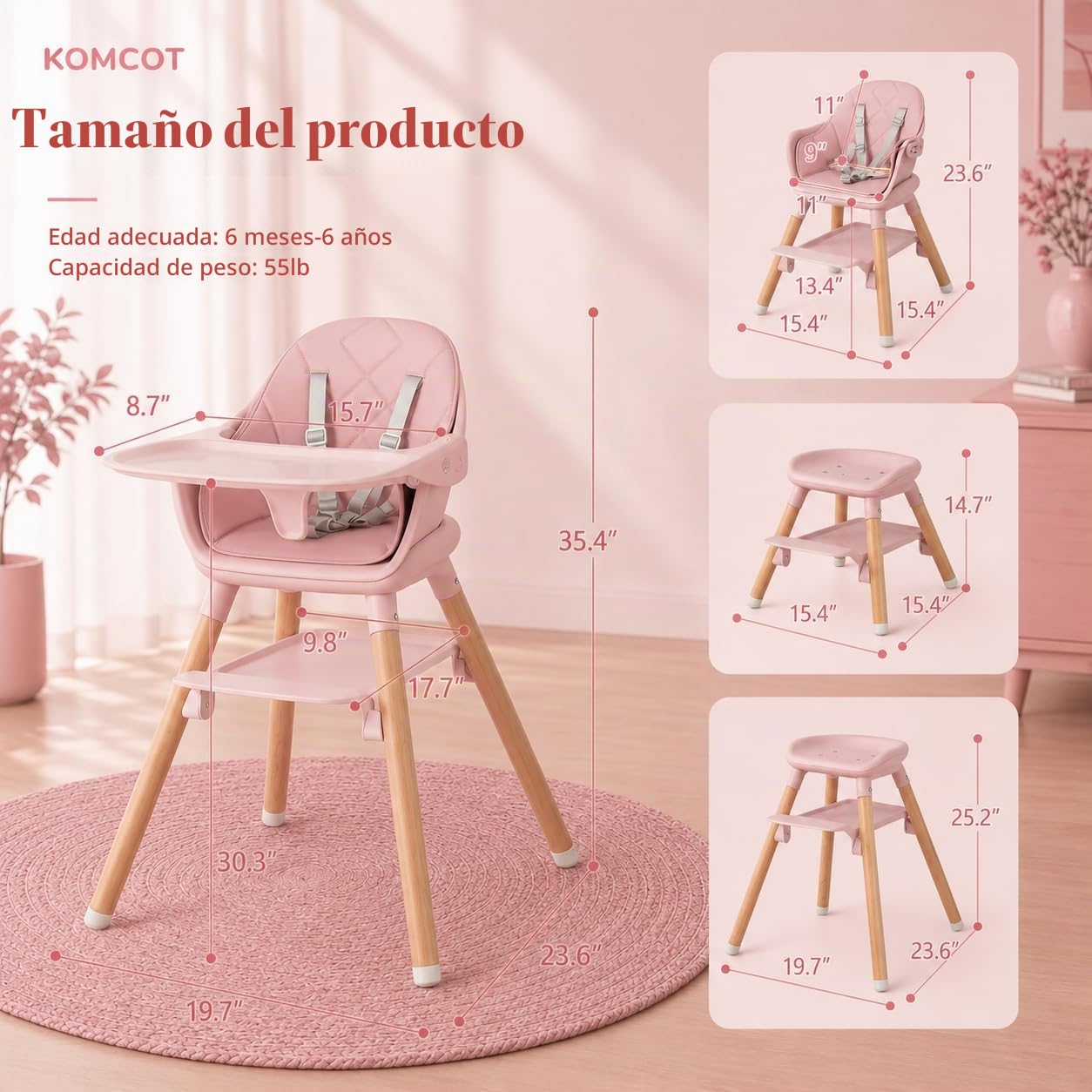 Komcot Silla alta para bebé, sillas altas convertibles de madera 6...