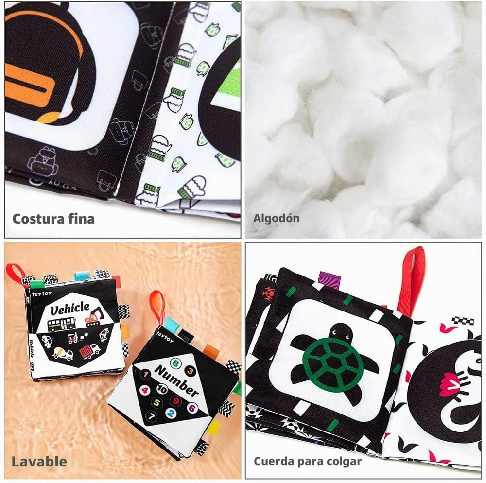 teytoy Juego de 6 libros de tela suave para bebé, color blanco y ne...
