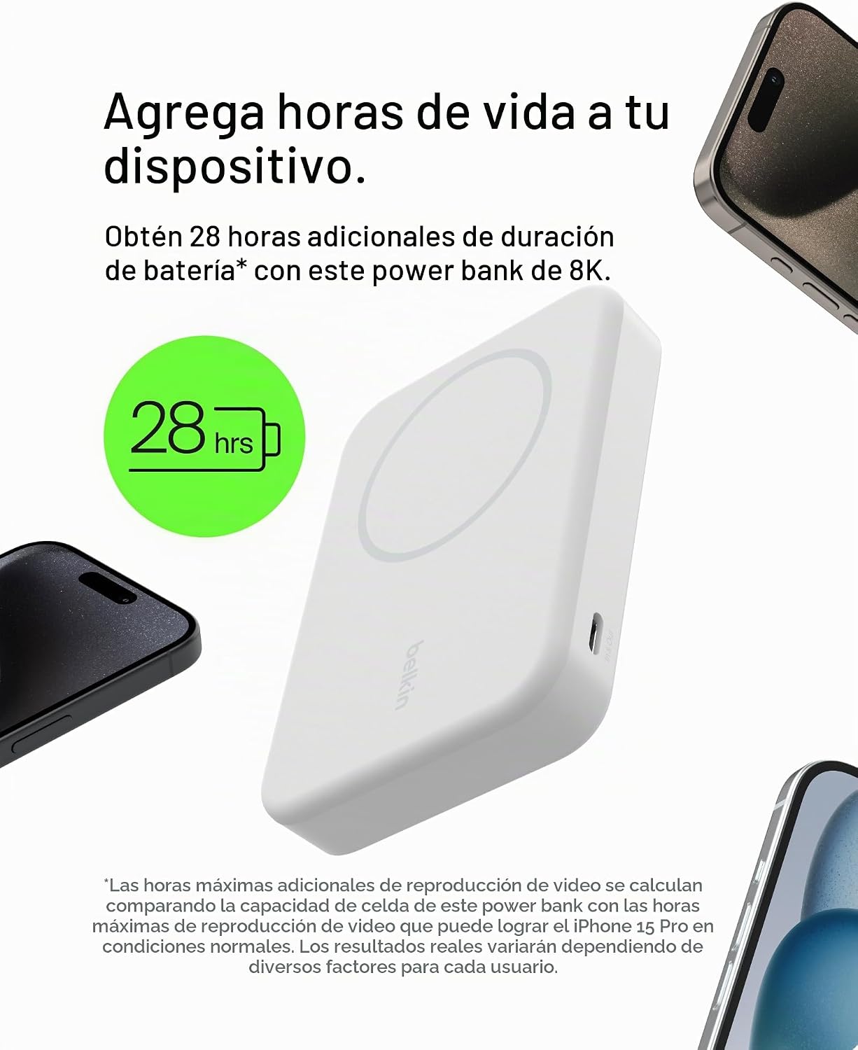 Belkin Cargador portátil, banco de energía inalámbrico de 15 W 8000...