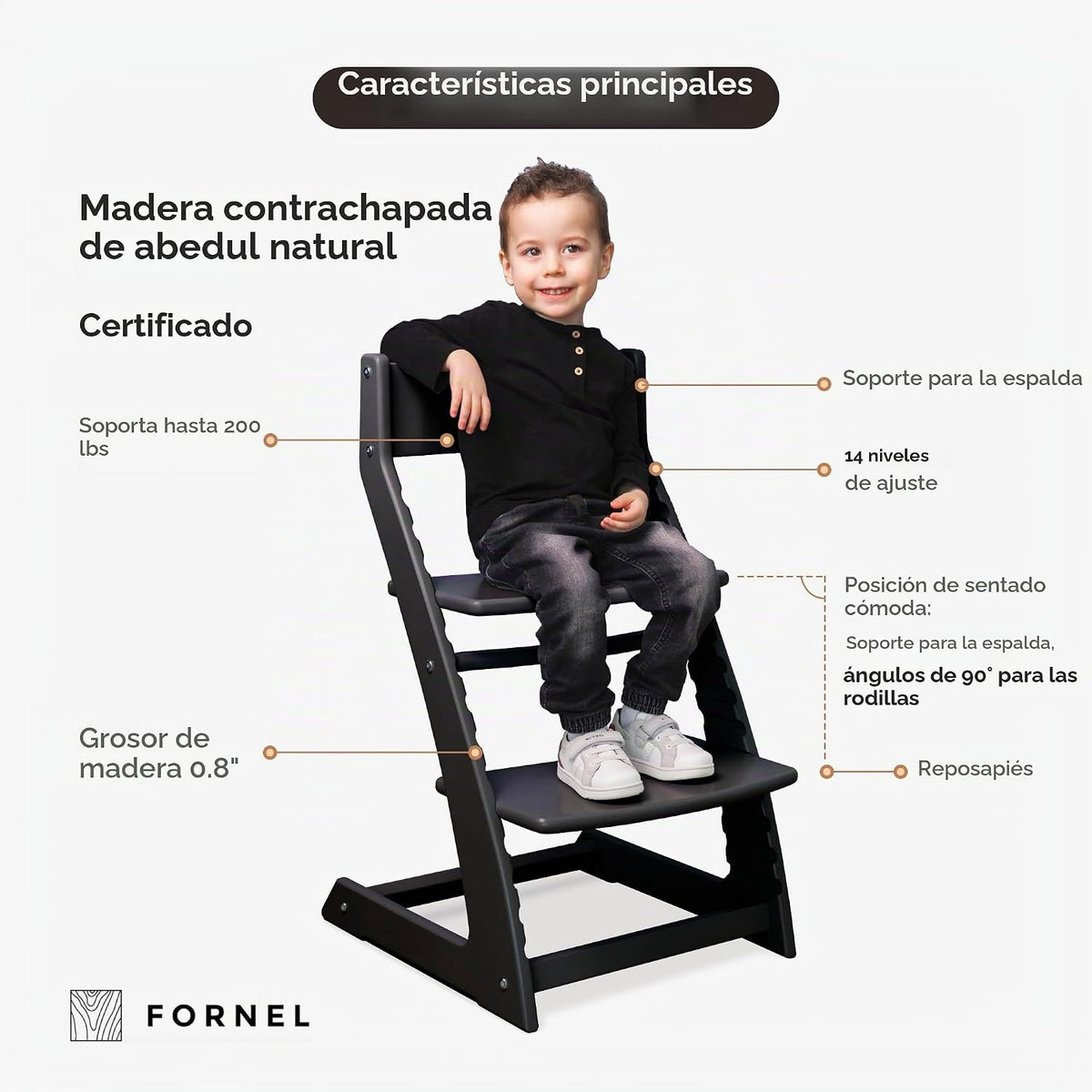 FORNEL Silla alta moderna de madera negra | La silla ajustable Grow...