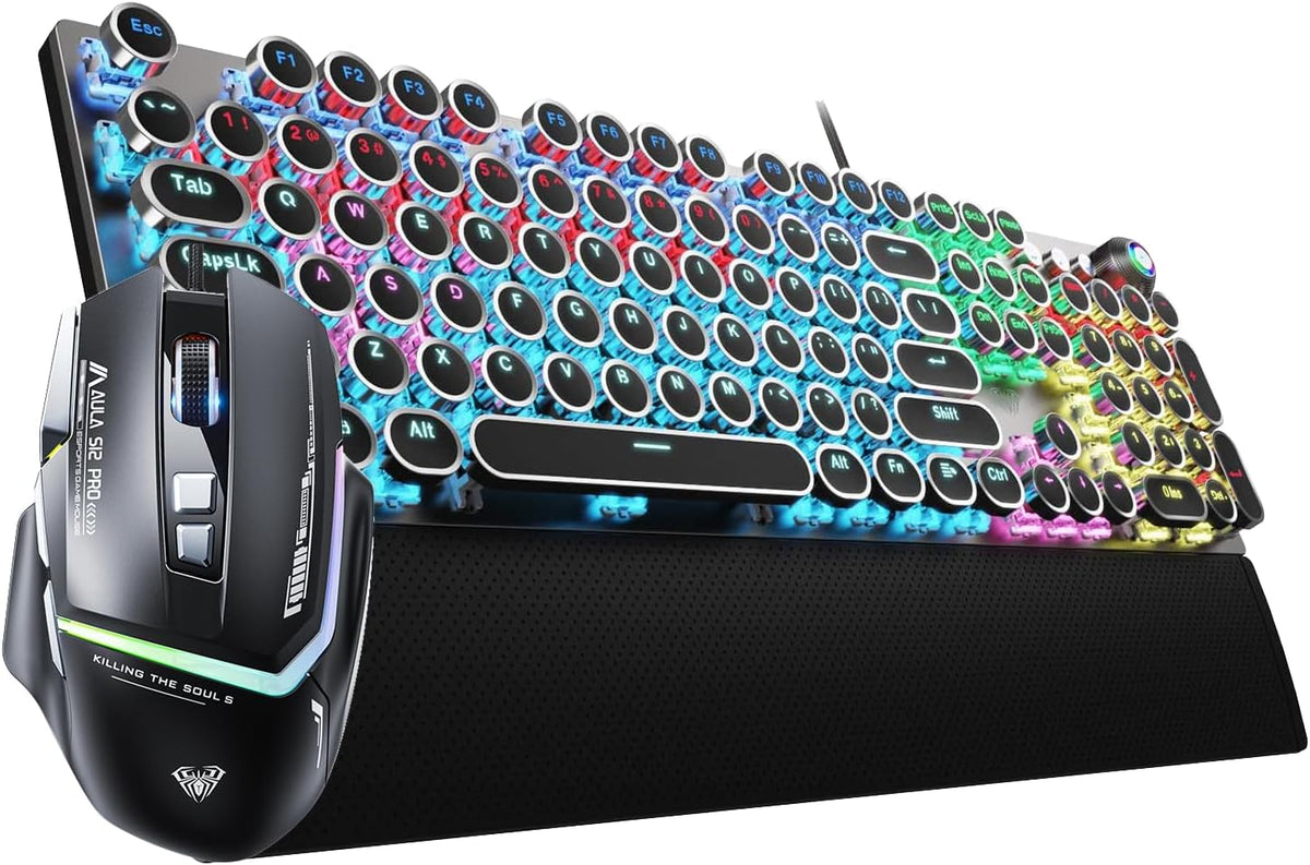AULA Combo de teclado para juegos con cable, teclado mecánico retro...