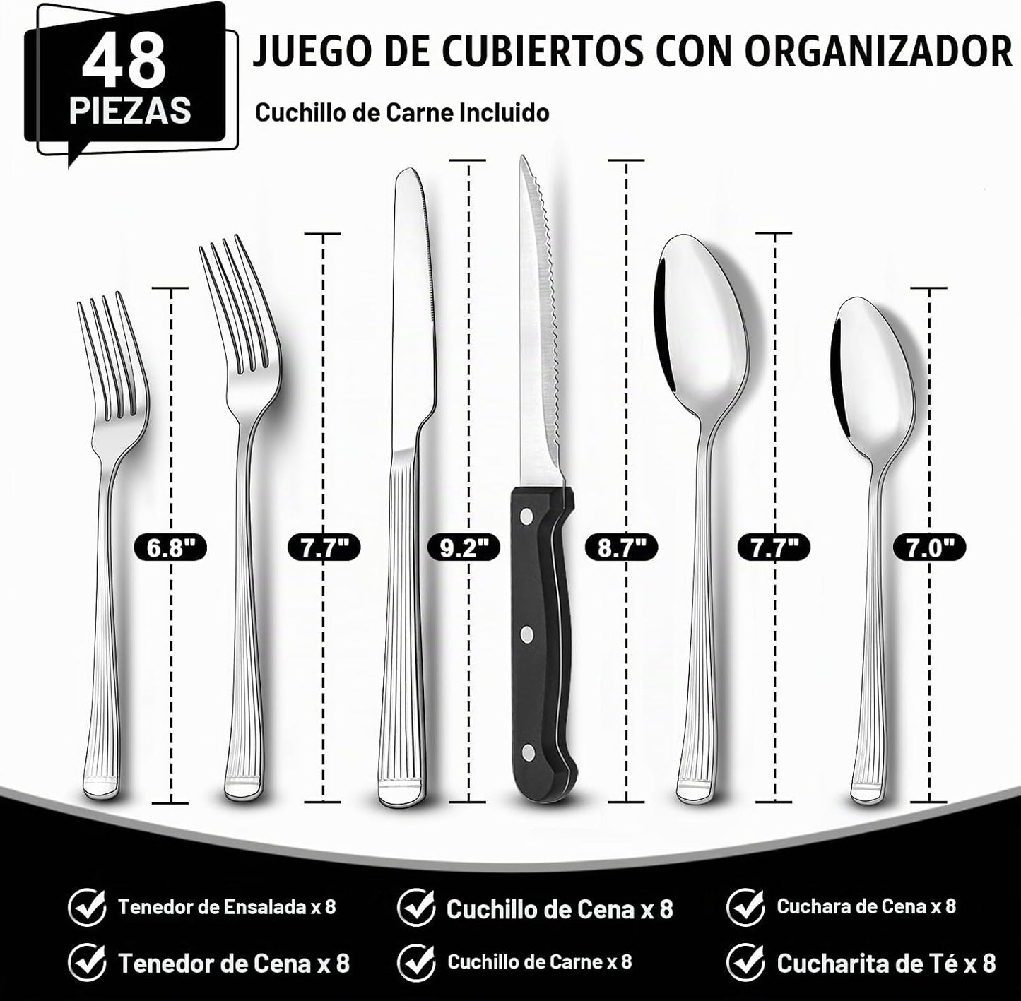 Juego de cubiertos de 49 piezas con organizador, cubiertos de acero...