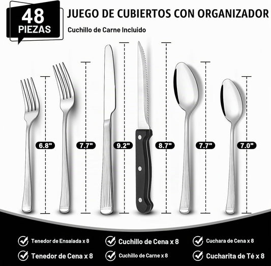 Juego de cubiertos de 49 piezas con organizador, cubiertos de acero...