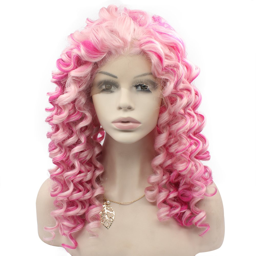 MX angel Mxangel - Peluca larga de color rosa rizado con encaje fro...
