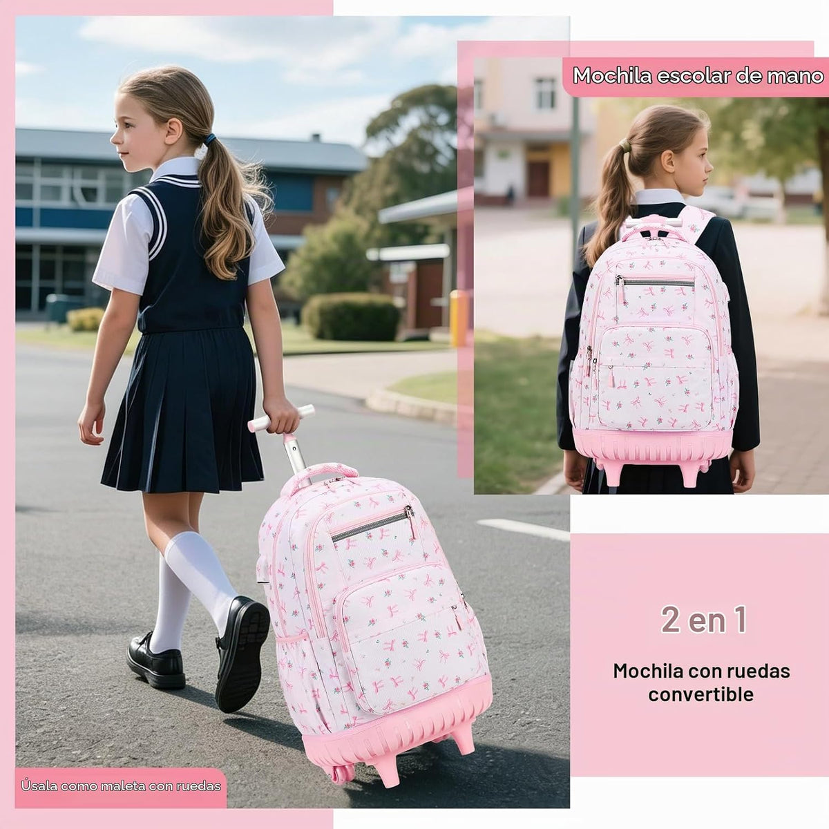 ACESAK Mochila con ruedas para niñas, mochila escolar con ruedas en...