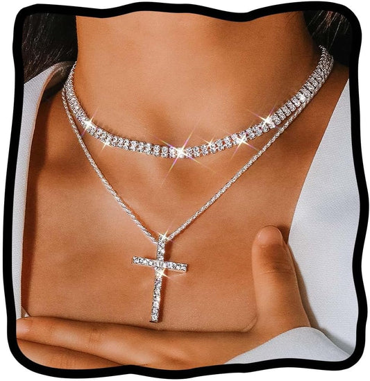 JEAIRTS Collar de cruz con diamantes de imitación en capas, gargant...