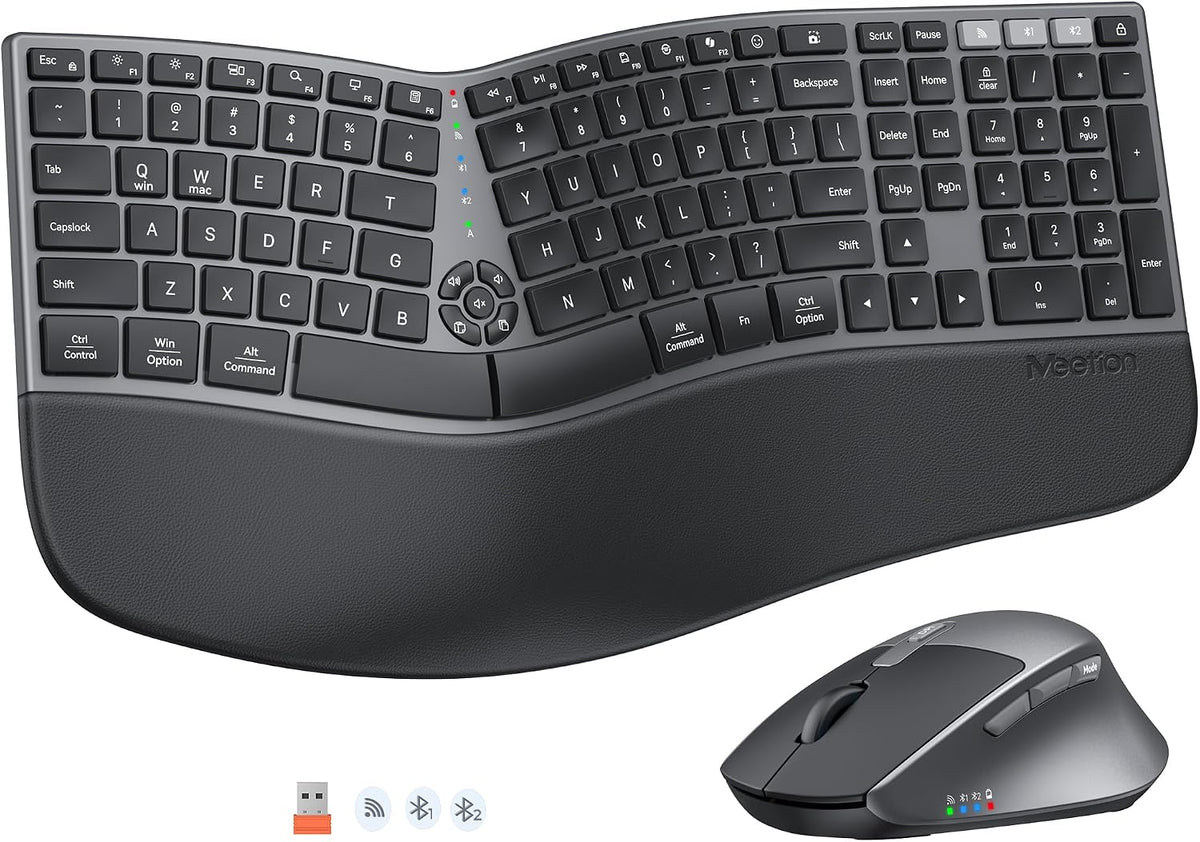 MEETION Teclado y mouse ergonómicos, teclado curvado dividido 2.4G...