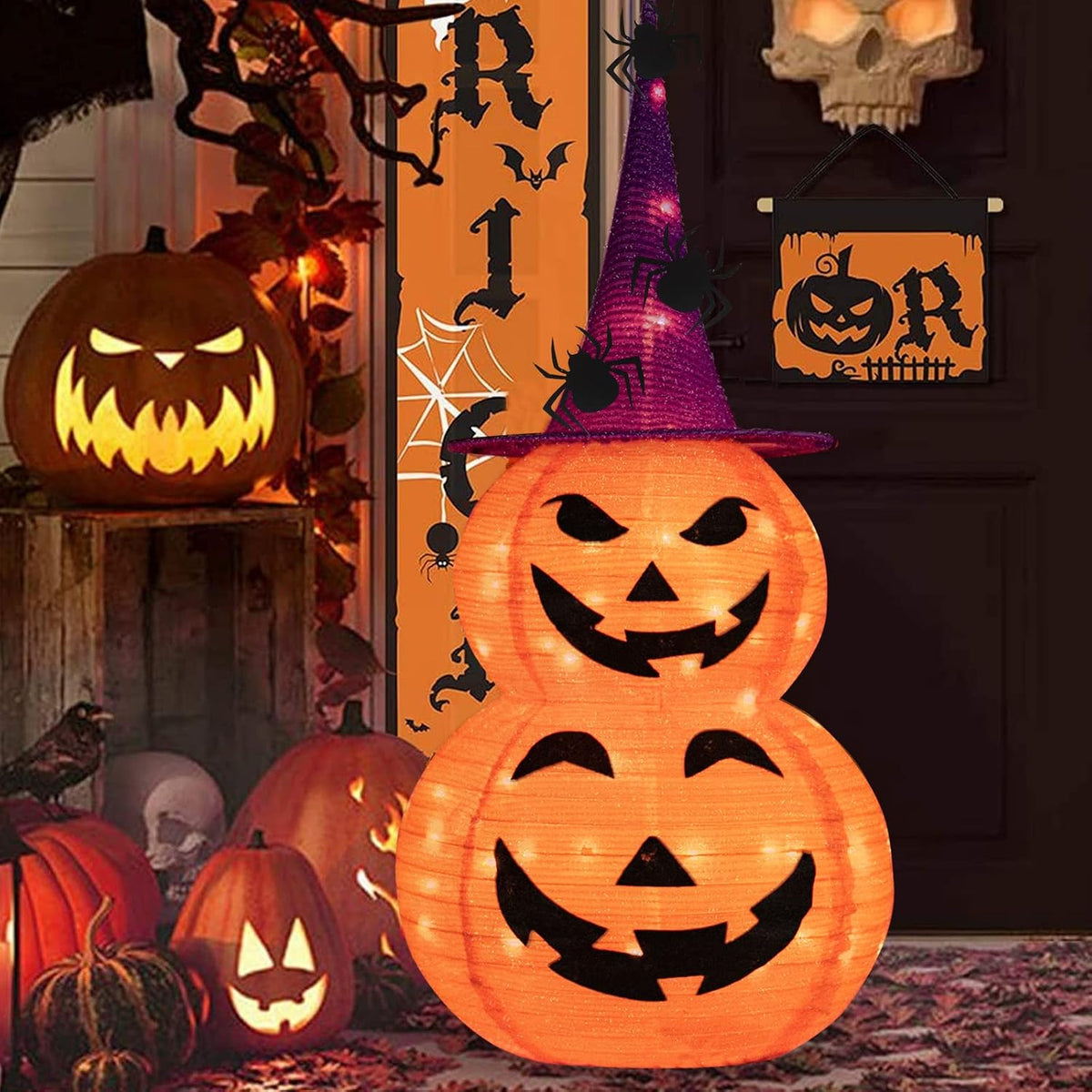 Calabaza plegable iluminada para decoración de Halloween al aire li...