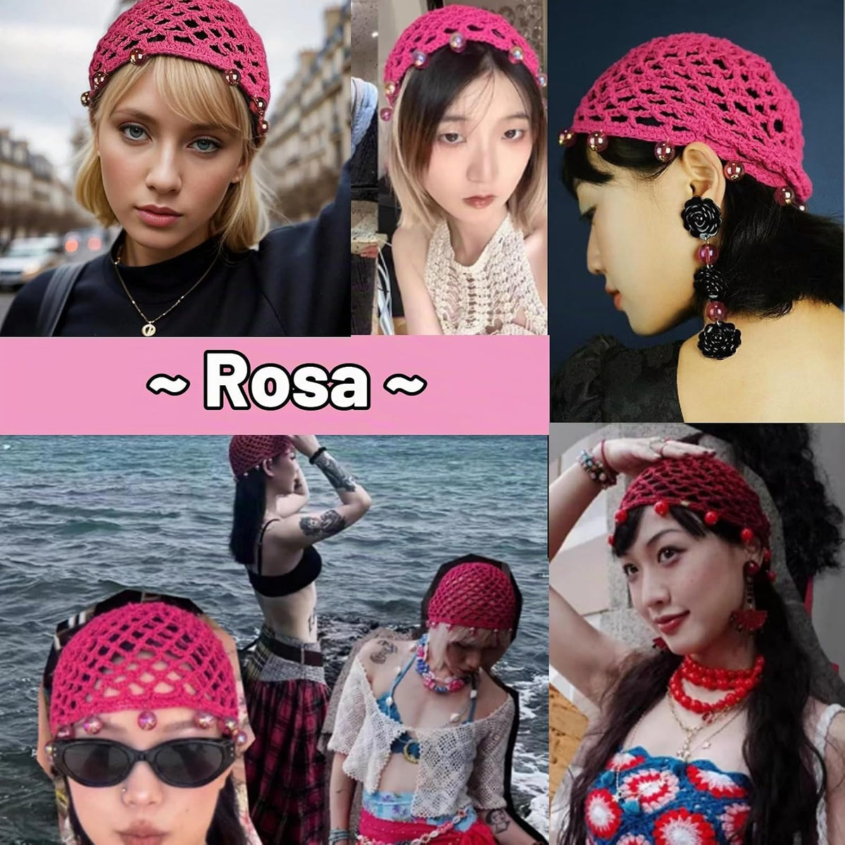 AsggBah 1 gorra de malla de pelo de ganchillo rosa con perlas de pu...