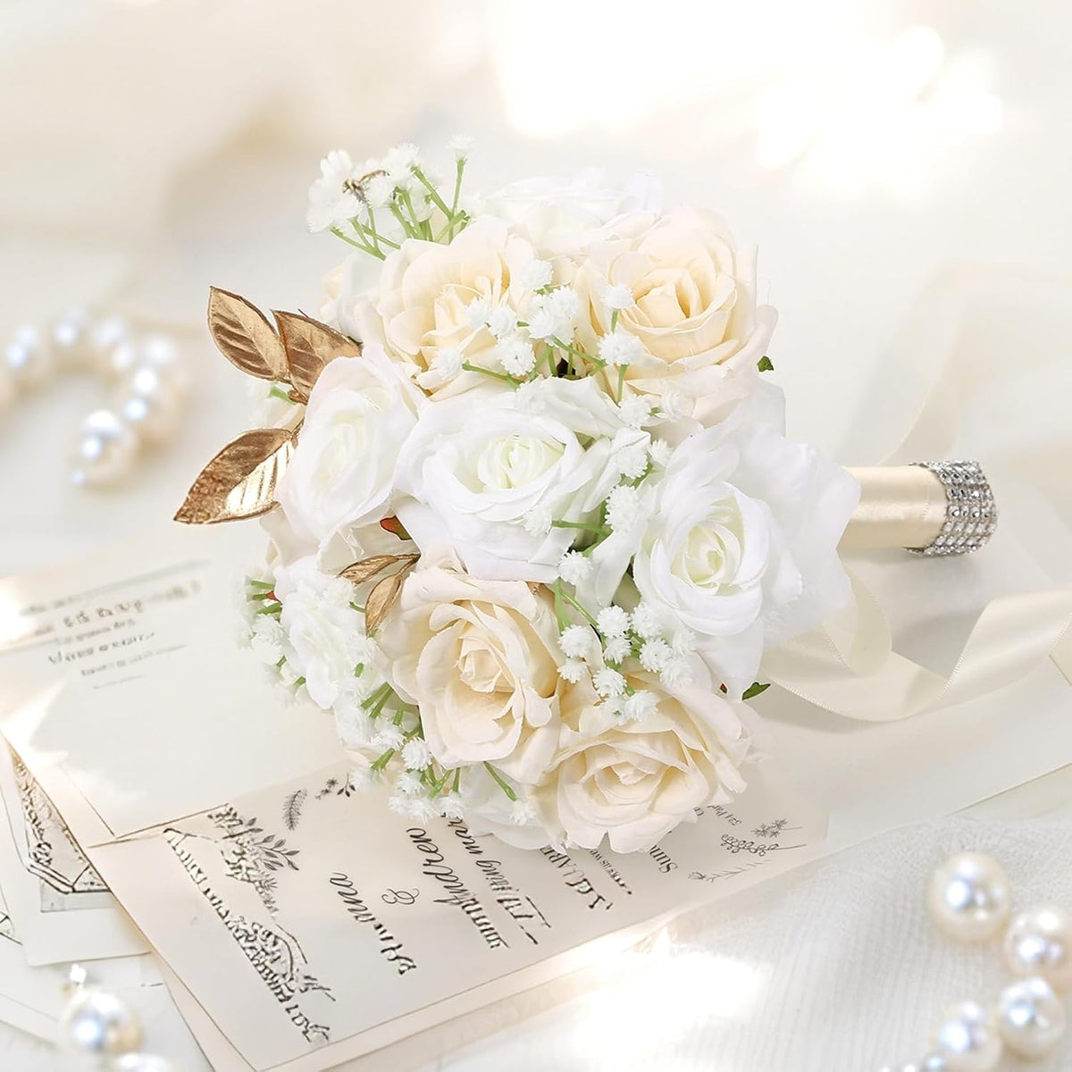 Ramos de boda Qeedy para novia - Flores de seda realistas, rosas ar...