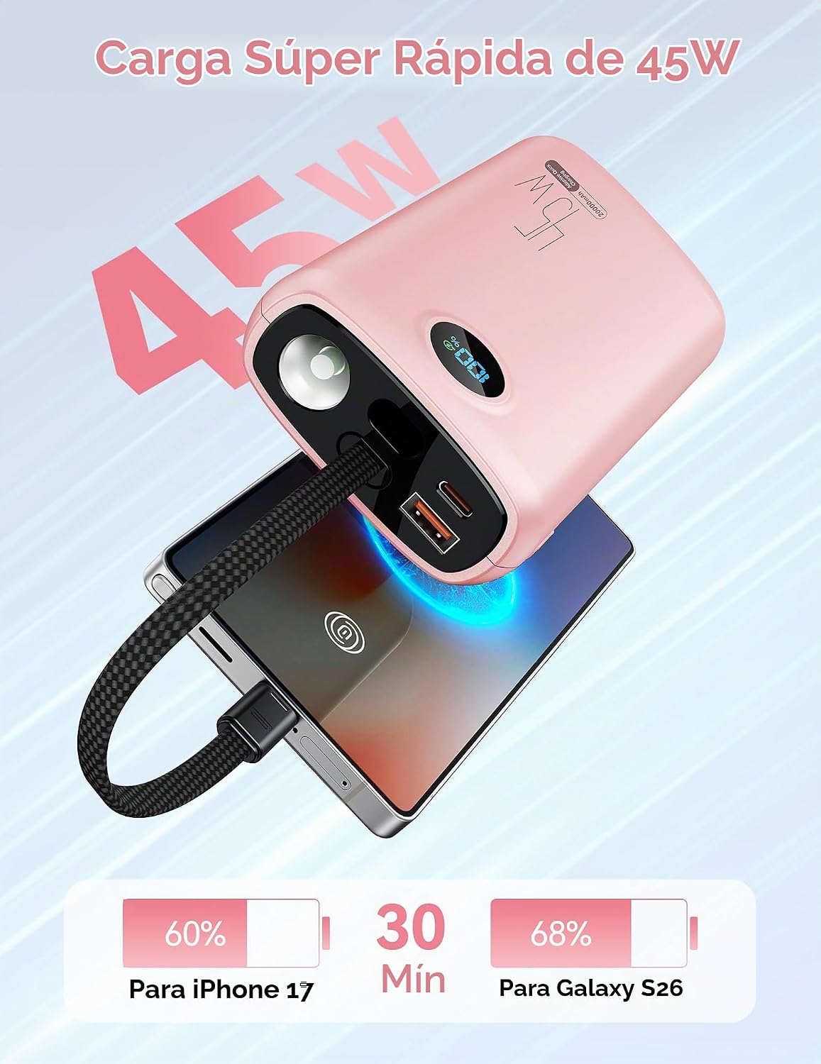 Cargador portátil, batería portátil de 45 W, 20000 mAh, con cable U...