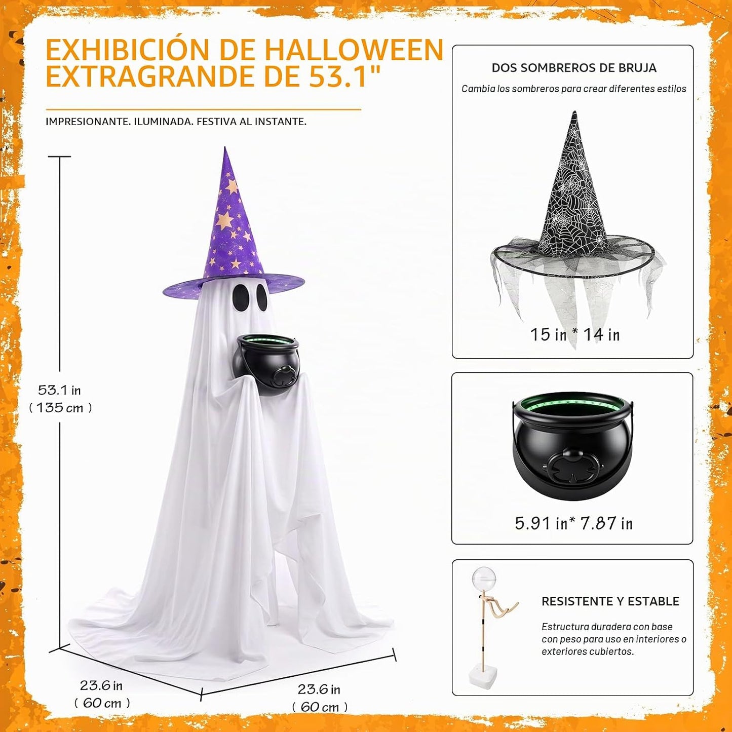 Decoración de fantasmas de dulces de Halloween con caldero iluminad...