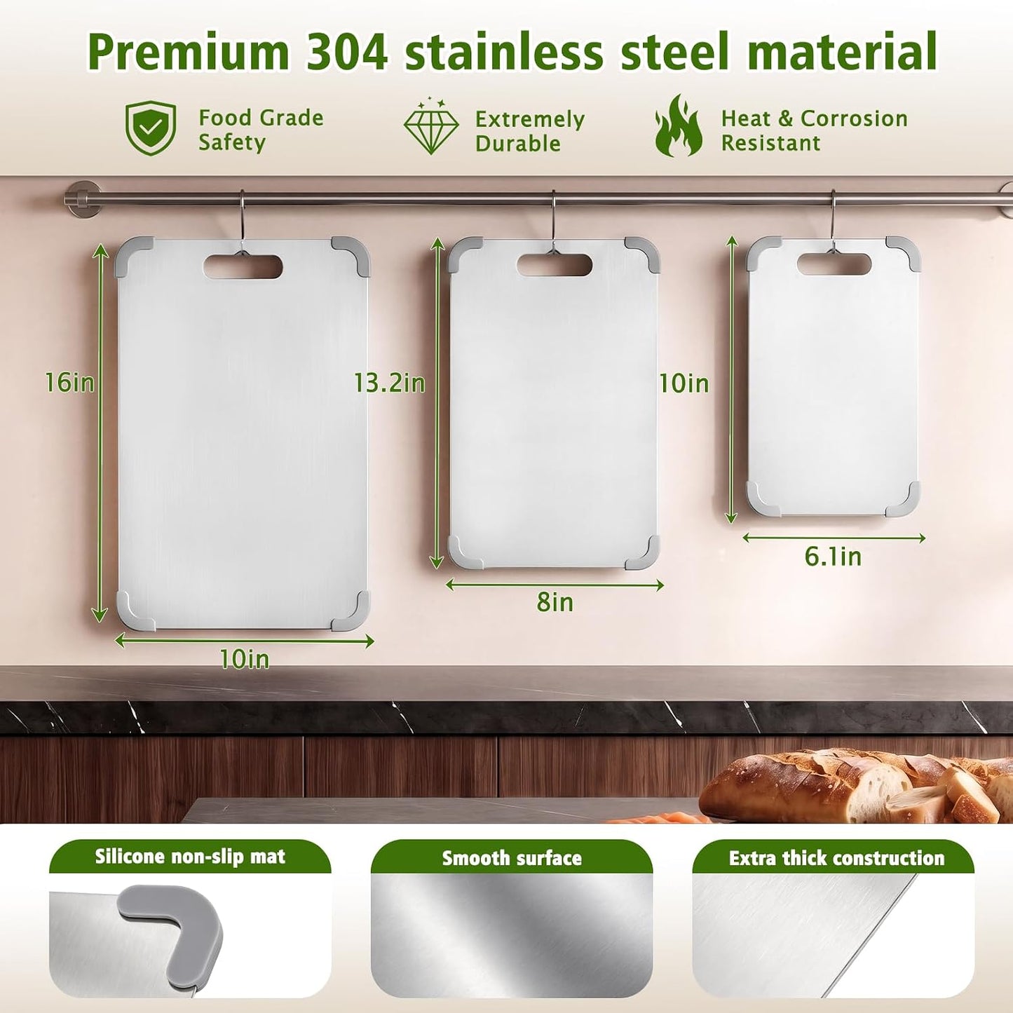 Tablas de cortar de acero inoxidable para cocina, juego de 3 tablas...