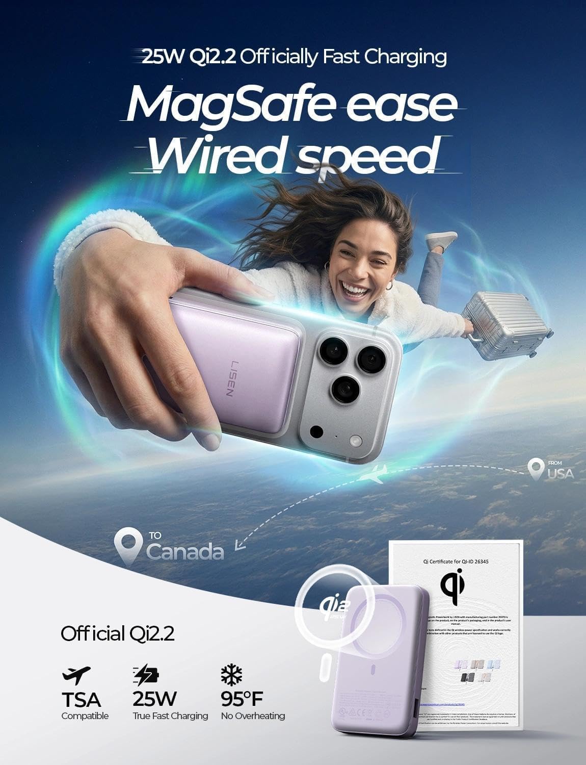 LISEN Cargador portátil magnético para iPhone 10000mAh | QI2.2 Carg...