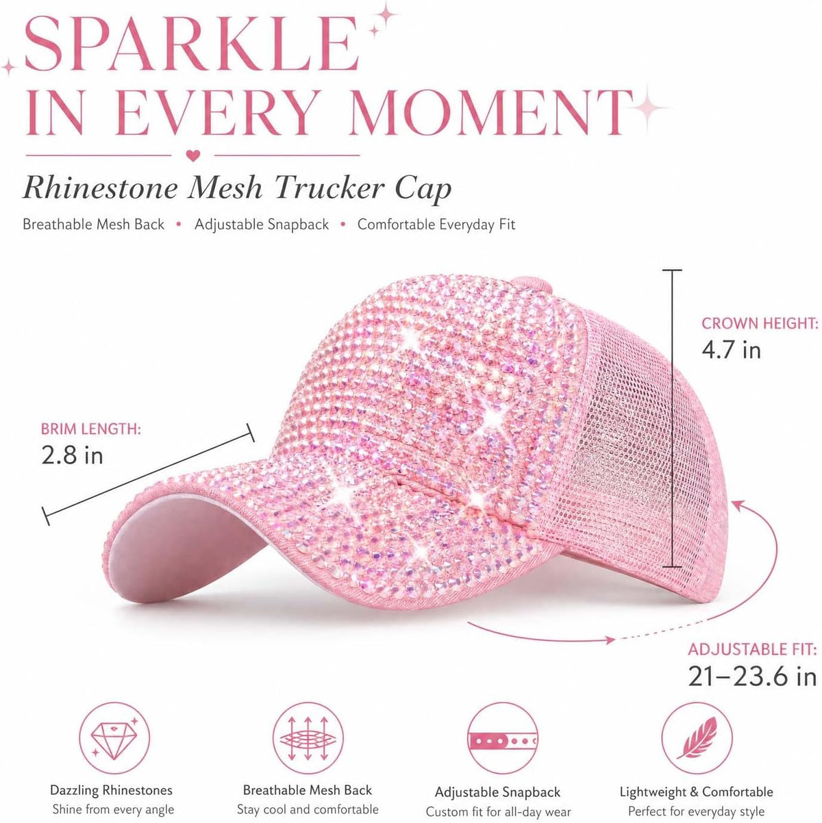 Gorra de visera de malla con diamantes de imitación, gorra de béisb...