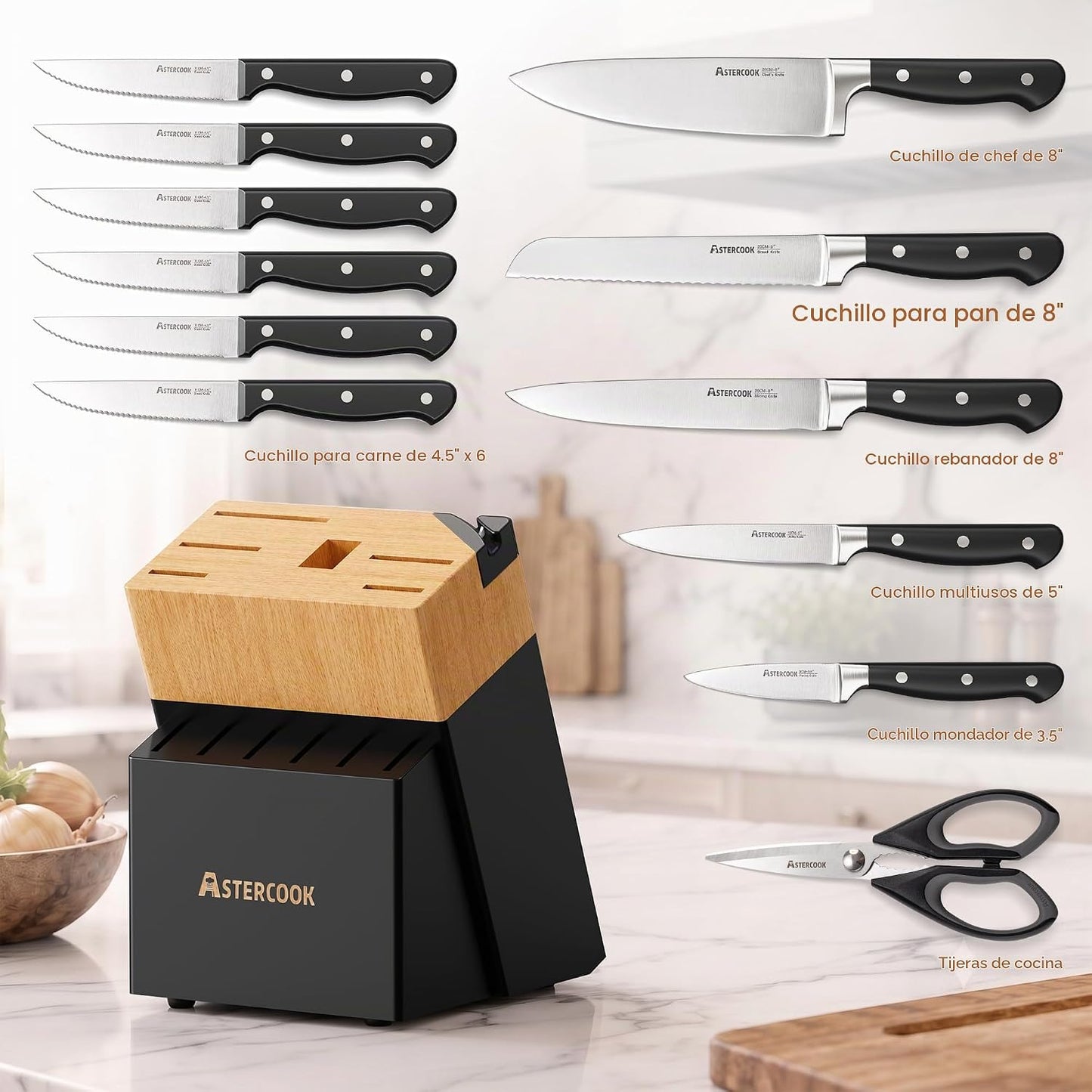 Astercook Juego de cuchillos de cocina de espiga completa con bloqu...