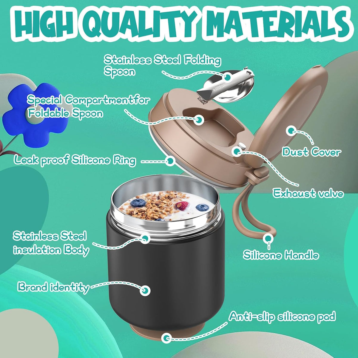 Termo para niños de comida caliente - 15.2oz con cuchara plegable y...
