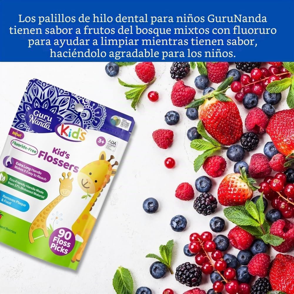 GuruNanda Púas de hilo dental, sabor a bayas, 90 unidades, para niñ...