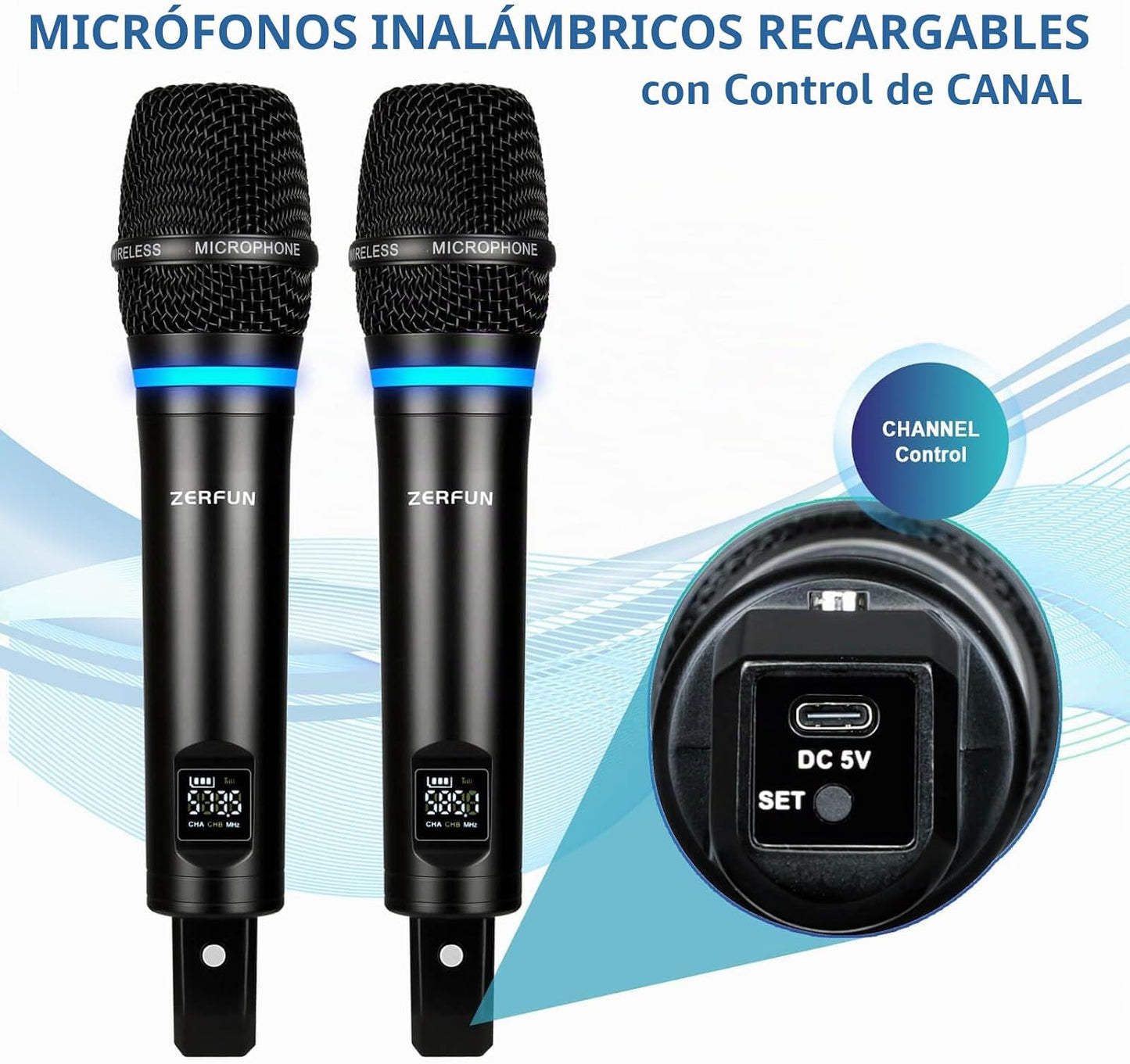Sistema de micrófono inalámbrico recargable de 2 canales ZERFUN | M...