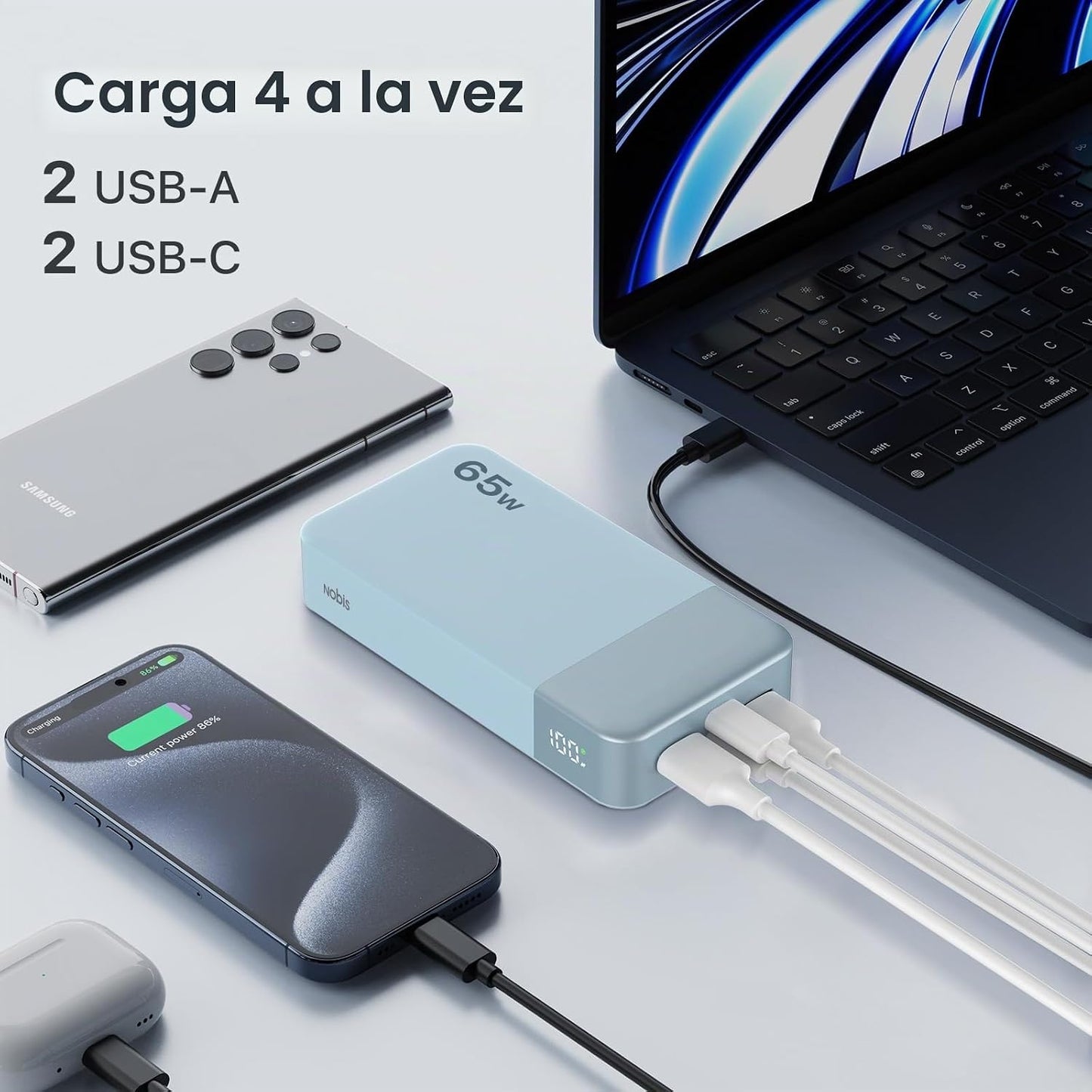 NOBIS Cargador portátil, 20000 mAh 65 W Banco de energía con 4 puer...