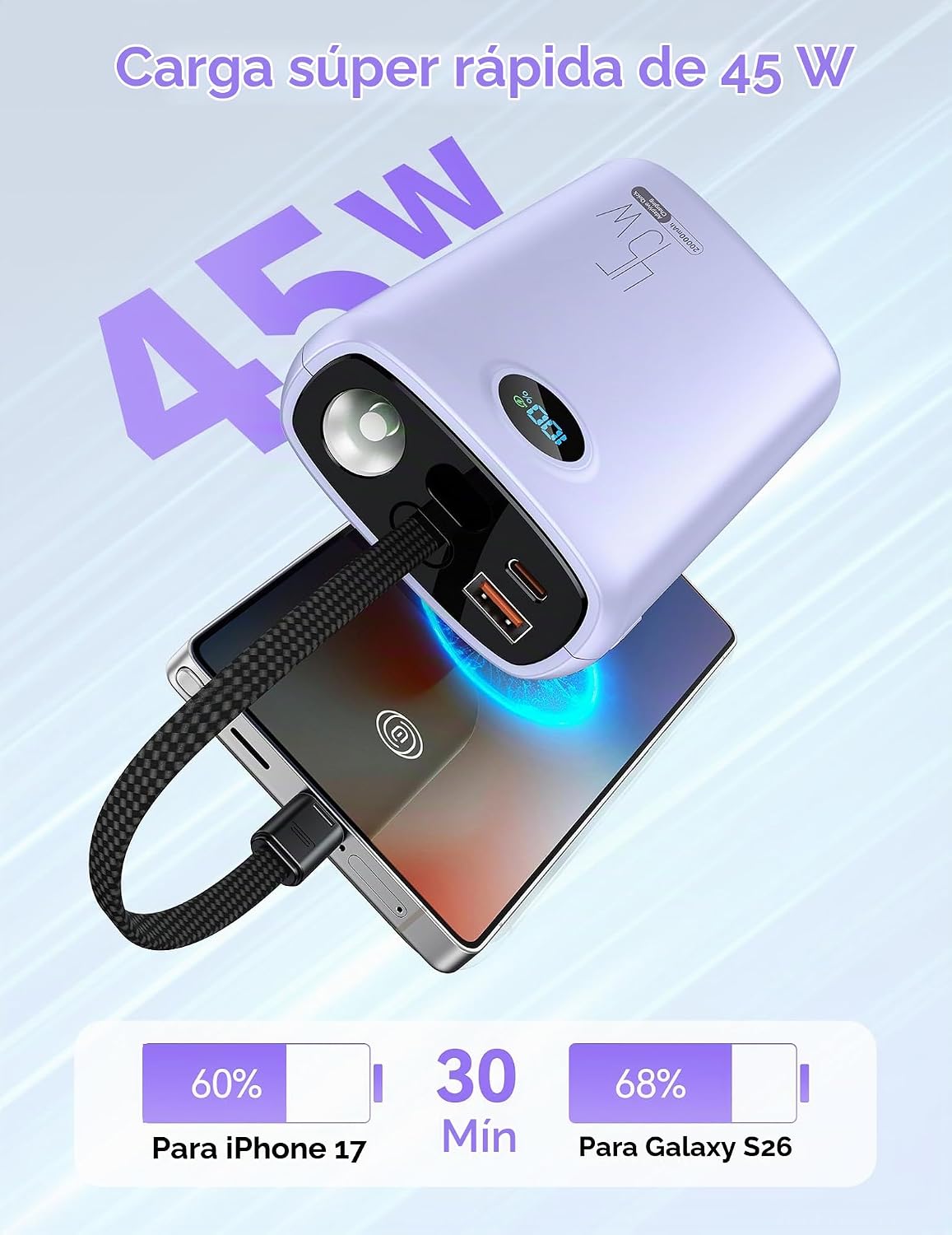 Cargador portátil, batería portátil de 45 W, 20000 mAh, con cable U...
