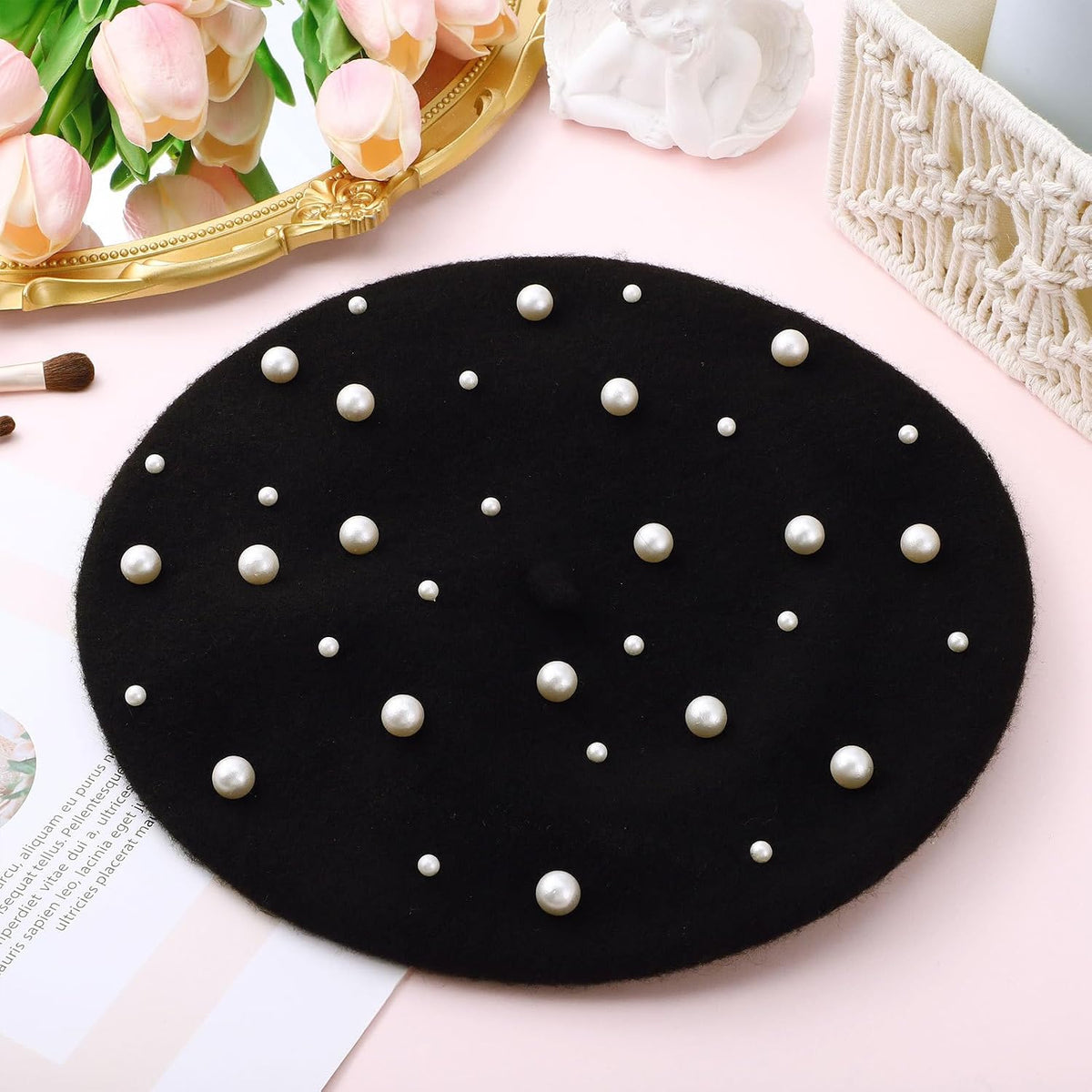 Boina negra para mujer, sombrero clásico de perla, boina francesa p...