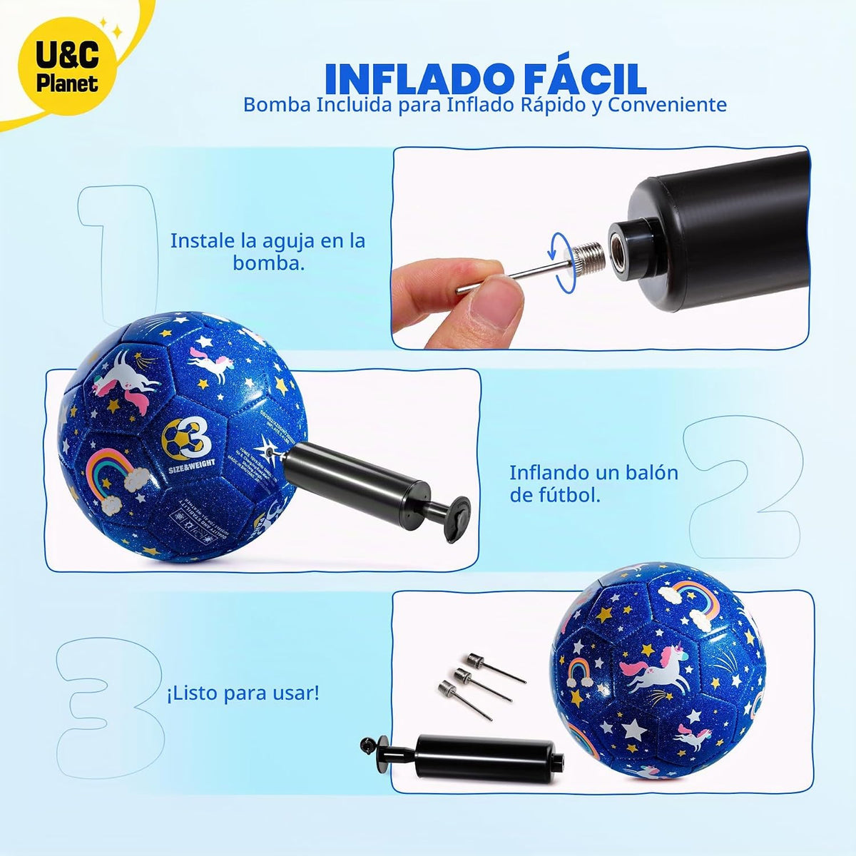 Balón de fútbol U&C Planet tamaño 2, 3, 4 para niños pequeños y jóv...