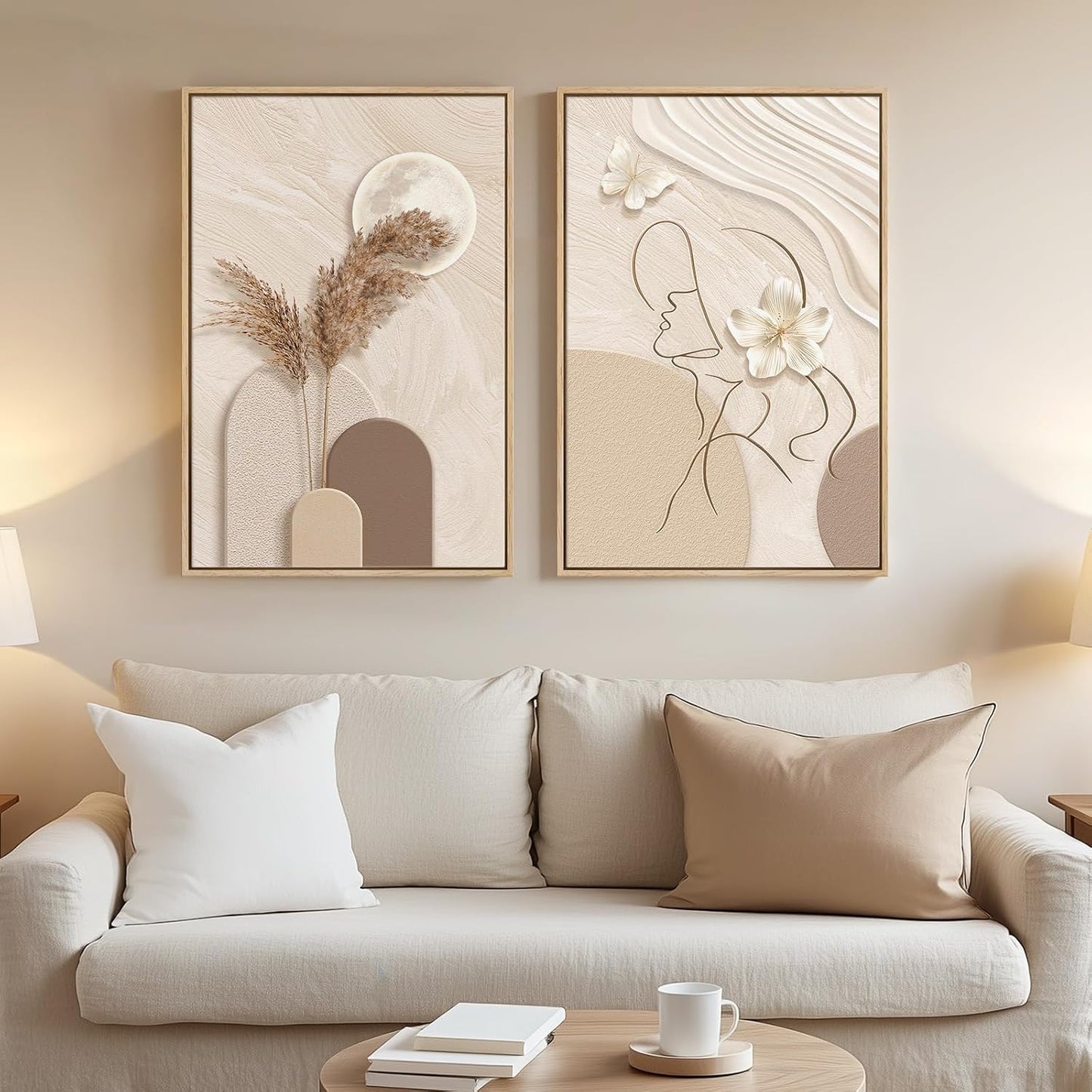 Arte de pared abstracto neutral enmarcado, juego de 2 impresiones e...