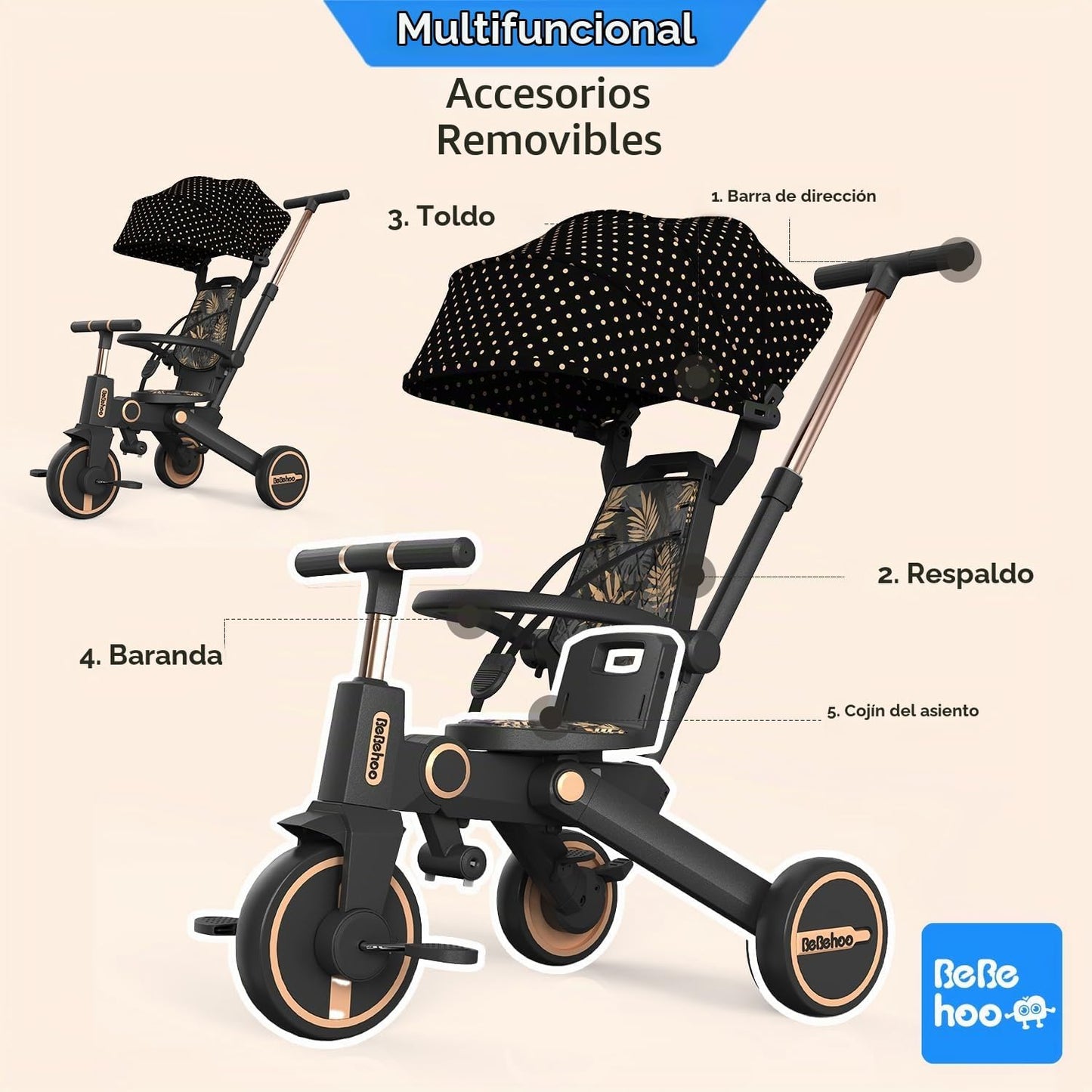 Bebehoo Cochecito de triciclo para niños pequeños, triciclo plegabl...