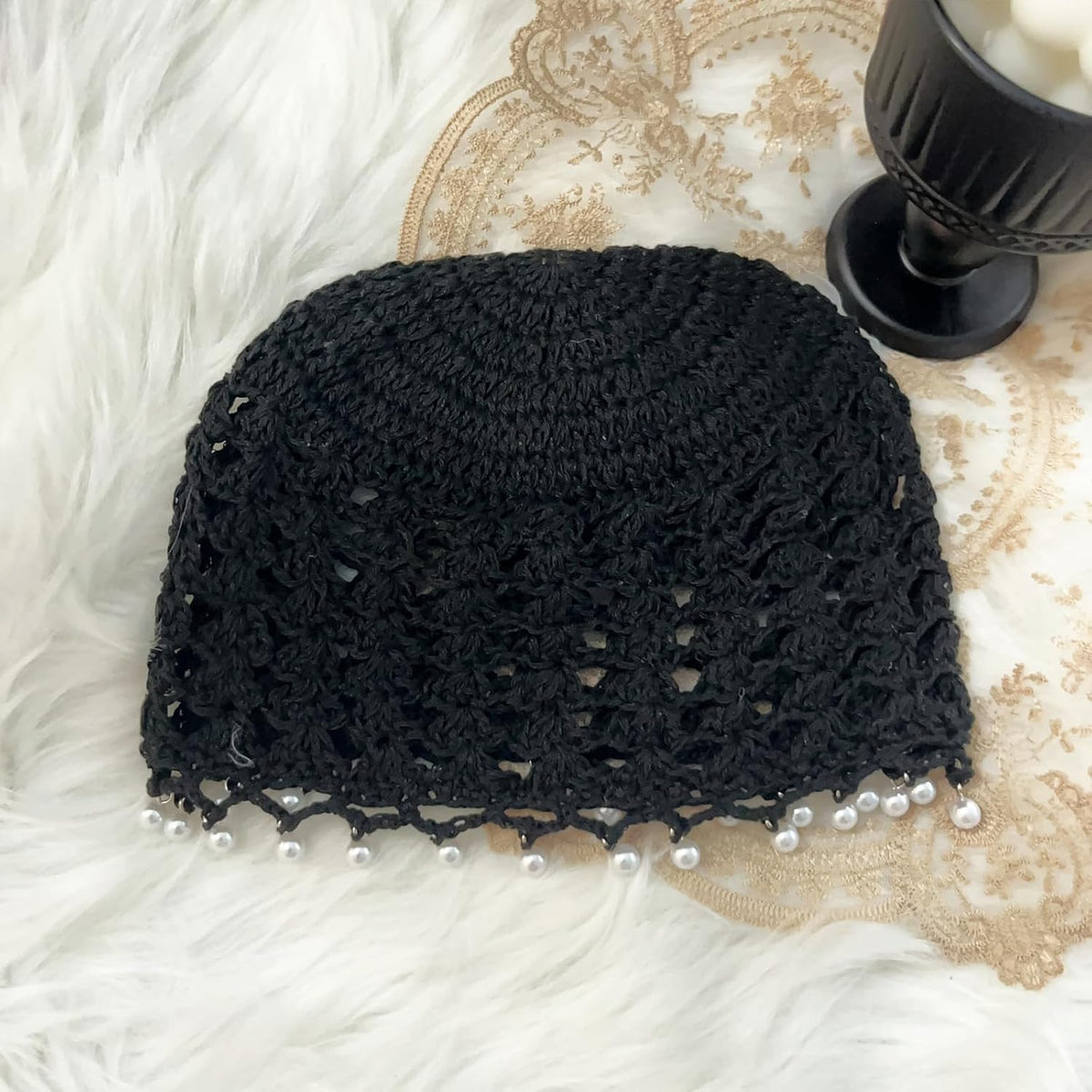 Lyfange Sombrero de ganchillo de perlas para mujer, hecho a mano, d...